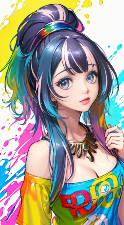 Black hair, Gray hair,(((((vertical painting:1.6))), (painting:1.6),front, comics, illustrations, paintings, large eyes, crystal clear eyes,( rainbow color gradient high ponytail:1.7), exquisite makeup, closed mouth,(Small Fresh: 1.5),(Wipe Chest: 1.6) ,long eyelashes, white off shoulder T-shirt, White Shoulder Shirt large watery eyes, (rainbow colored hair:1.6), color splash, (solo:1.8), color splash, color explosion, thick paint style, messy lines, ((shining)),(colorful), (colorful), (colorful), colorful, Thick Paint Style, (Splash) (Color Splash), Vertical Painting, Upper Body, Paint Splash, Acrylic Pigment, Gradient, Paint, Highest Image Quality, Highest Quality, Masterpiece, Solo, Depth of Field, Face Paint, colorful clothes, (Elegant: 1.2), gorgeous,long hair, wind, (Elegant: 1.etals: 1.4),(((masterpiece))),(((best quality))),((ultra-detailed)),(illustration),(dynamic angle),(paint),((disheveled hair)),(solo),(1girl) , (((detailed anima face))),((beautiful detailed face)),collar,bare shoulders,white hair, ((colorful hair)),((streaked hair)),beautiful detailed eyes,(Gradient color eyes),(((colorful eyes))),(((colorful background))),(((high saturation))),(((surrounded by colorful splashes))), cute breasts, battle skirt, thighs