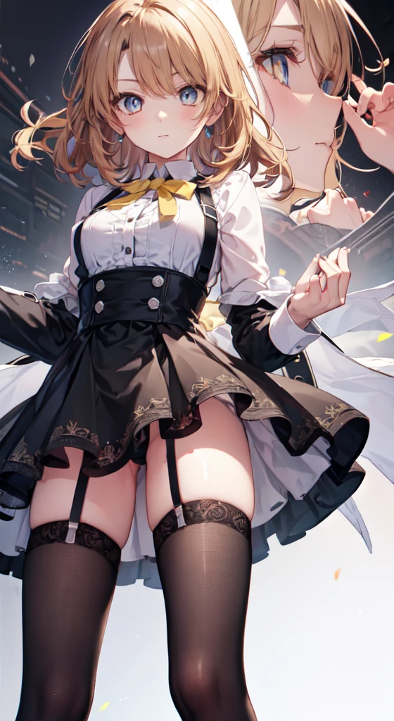 Isshiki Roha,Long Straight, brown haired,Best Quality, High resolution, Unity 8k壁纸, (Illustration:0.8), (Beautiful detailed eyes:1.6), extra detailed face, Perfect Lighting, extremely details CG, (Perfect hands, Perfect Anatomy), posture(oblique)，Brown-eyed, Yellow miniskirt dress with visible back，Black garter belt，Black tights，pin heels，stage