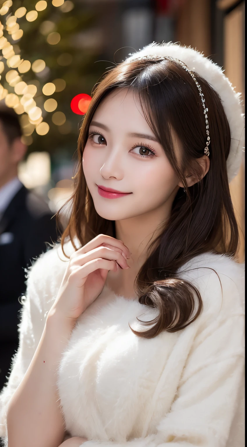 masutepiece, Best Quality, Illustration, Ultra-detailed, finely detail, hight resolution, 8K Wallpaper, Dynamic composition, Beautiful detailed eyes, Very gorgeous and elegant luxury dress winter clothes,Medium Hair,Small breasts natural color lip, Bold sexy poses,Smile、20 years girl、Cute、Sexy shot looking at camera,midnight,beautifull detailed face,Classy face,Perfect and beautiful face,Slim face and body,Blur the background,Gorgeous and glamorous Christmas party venue