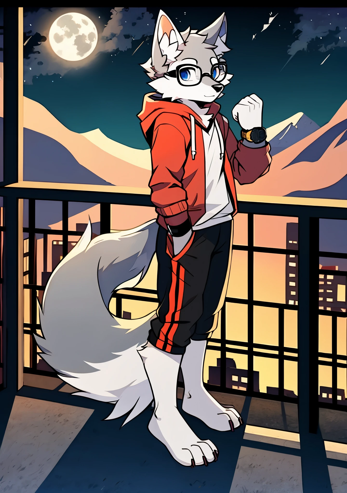 solo, wolf, furry male, tall, dark gray color fur, short hair, light gray color ear roots, red color ear tips, deep blue color eyes, wolf tail, white color tail tips, white arms, hoodie, short sleeves, black trousers, glasses, wrist watch, stand, night, dark sky, large open balcony, distant mountains, modern city, dark sky, full moon, close up, full body, detailed character