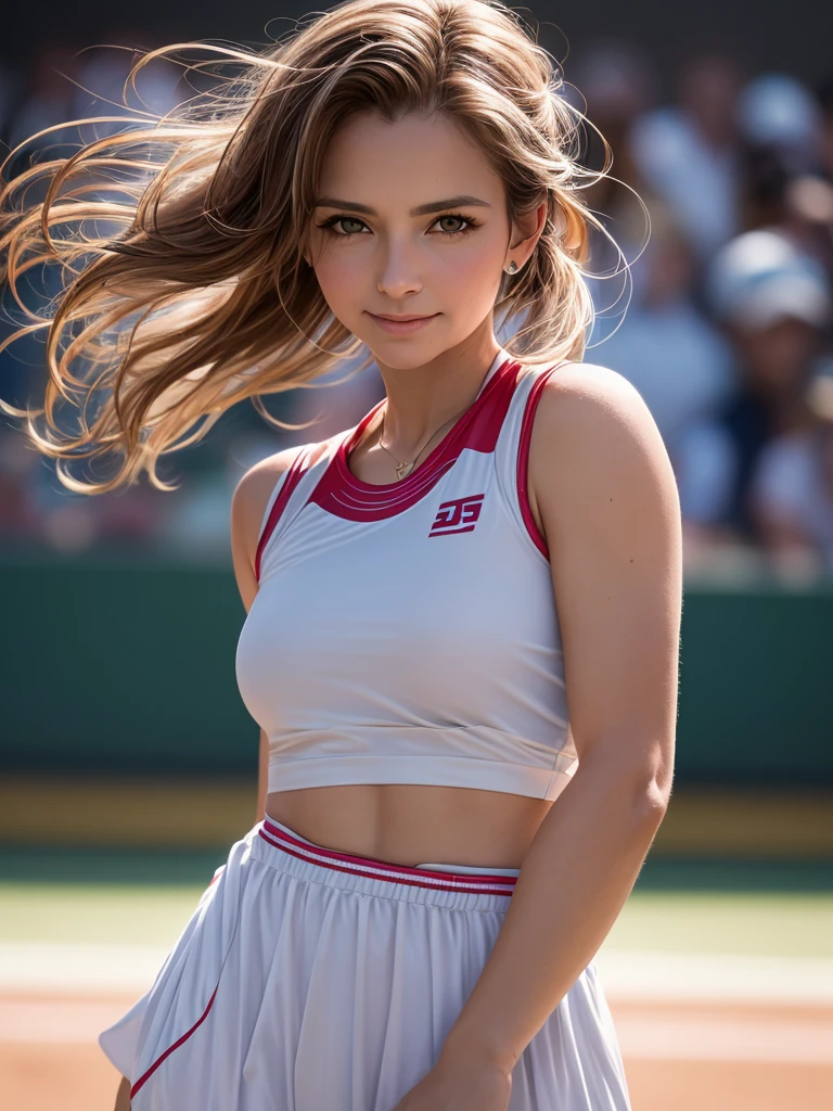 Waist up cinematic portrait photoshoot of short pony tailed hair style, Beautiful Martina Navratilova donning 80's Tennis costume, gentle sweet smile, bokeh, shallow depth of field, volumetric lighting, masterpiece professional photography, detailed face, insanely detailed and intricate scene
