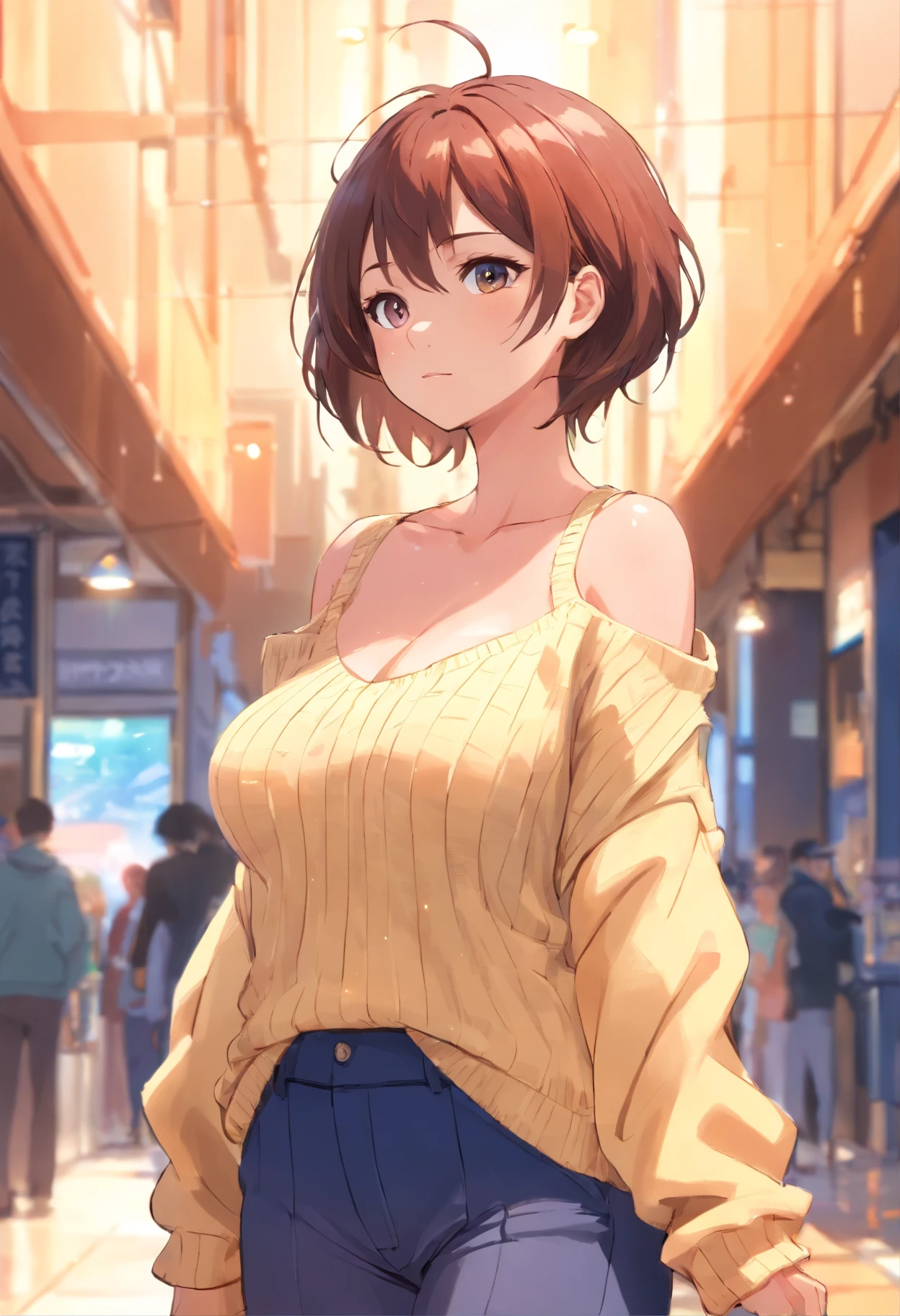 (), The large,(tmasterpiece), Best quality at best, The is very detailed, (aquarelle), full bloom, Delicate and beautiful, illustratio, (from below),(1个Giant Breast Girl:1.4), (Alone:1.2), , (ribbed sweater:1.3), off-shoulder sweater, (shorter pants:1.2), of shoulders, (underbust), ((Dark skin:0.8)), pretty eyes, (ldisheveled hair ), photography of, Over-the-shoulder lens, by Alex Maleev, professional, Canon camera, Nikon camera, Sharp, bokeh, Studio quality, fisheyelens, Robert Capa ,