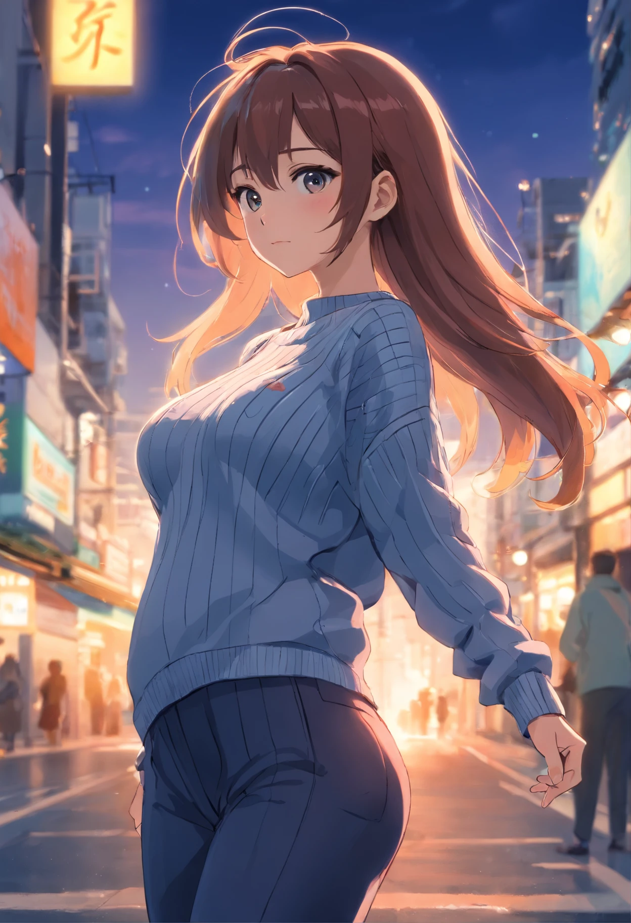 (), The large,(tmasterpiece), Best quality at best, The is very detailed, (aquarelle), full bloom, Delicate and beautiful, illustratio, (from below),(1个Giant Breast Girl:1.4), (Alone:1.2), , (ribbed sweater:1.3), off-shoulder sweater, (shorter pants:1.2), of shoulders, (underbust), ((Dark skin:0.8)), pretty eyes, (ldisheveled hair ), photography of, Over-the-shoulder lens, by Alex Maleev, professional, Canon camera, Nikon camera, Sharp, bokeh, Studio quality, fisheyelens, Robert Capa ,