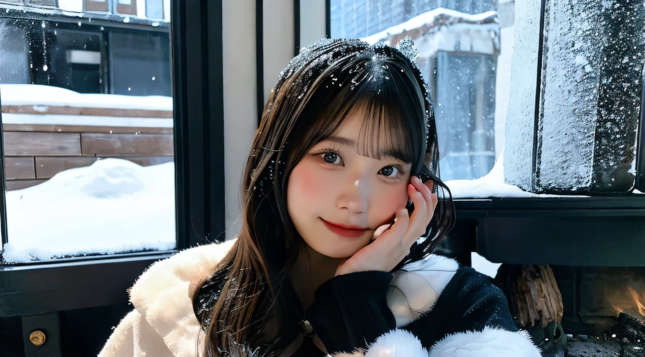Cute Santa Claus 18 years old wearing a black miniskirt、The background is a fireplace、Snow outside the window