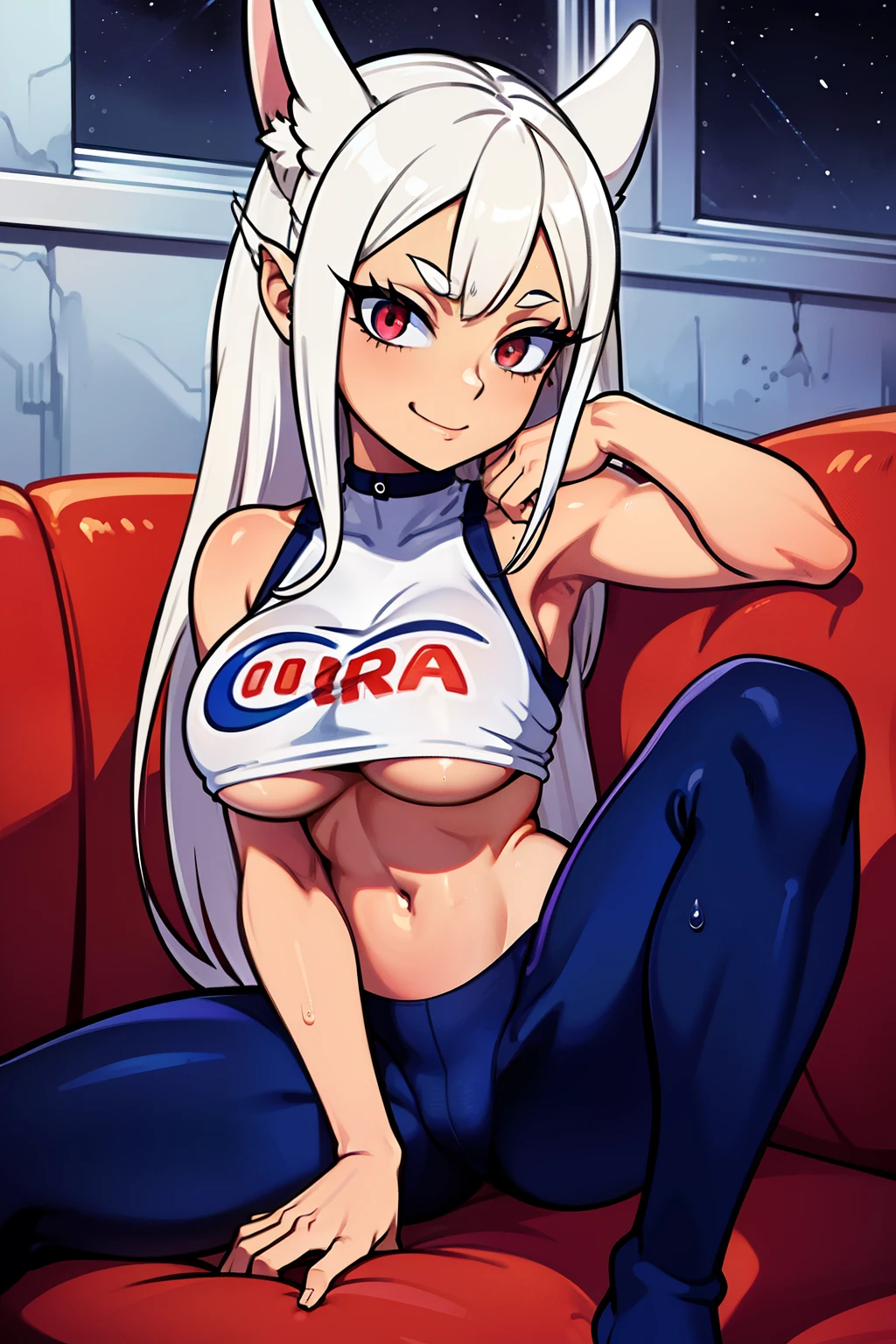 Cute girls,ojos rojos redondos, cabello blanco、orejas de conejo,sexy、sonriendo,Peinado liso medio a largo、(Bigboobs,lleva una lenceria azul,En una casa de alquiler,sitting on the couch,Noche,estaba lloviendo afuera,Upper body is wet.,cuerpo entero,lleva unos leggins rojos