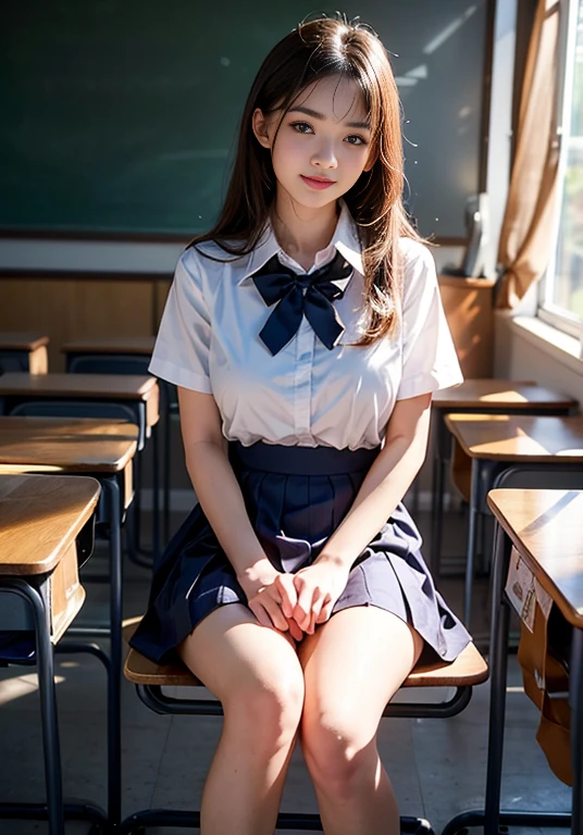 (8K high image quality), (quality), (Original image quality),(On the table:1.2), (actual), (realisticlying:1.37), ,largeeyes,long eyelasher,（live-action realistic style）,The ultimate face,realisticlying light and shadow,Clear facial features,,White skin of the, ）,Best Portrait, 1-girl, cute big breasts,美丽细致的眼睛,highlydetailed skin,(Beautiful face with double eyelids), (Realistis: 1.4),((entire body image))  ,exquisite and beautiful face,,Female around 20 years old,(Beautiful Face 1.4),short detailed hair,((Japanese high school girl uniform)),(Find your audience and smile),red lipsticks,Limp around the eyes,((Taken in the classroom)),(sit down and show),Nipples Fully Visible.,pastel colour,(I like to show my audience),(Show your audience your),((Japanese schoolgirl uniform)),((bright beautiful face)),red lipsticks,Limp around the eyes,Shoot at close range,校服, short- sleeved,take up close,((Don’t create shadows on your face when taking photos)),(There are lights in the classroom，Very bright)..Cross your legs tightly，（（（Schools force girls to abstain from 2400ml of urine for 24 hours））），Sit obediently on the chair in the classroom