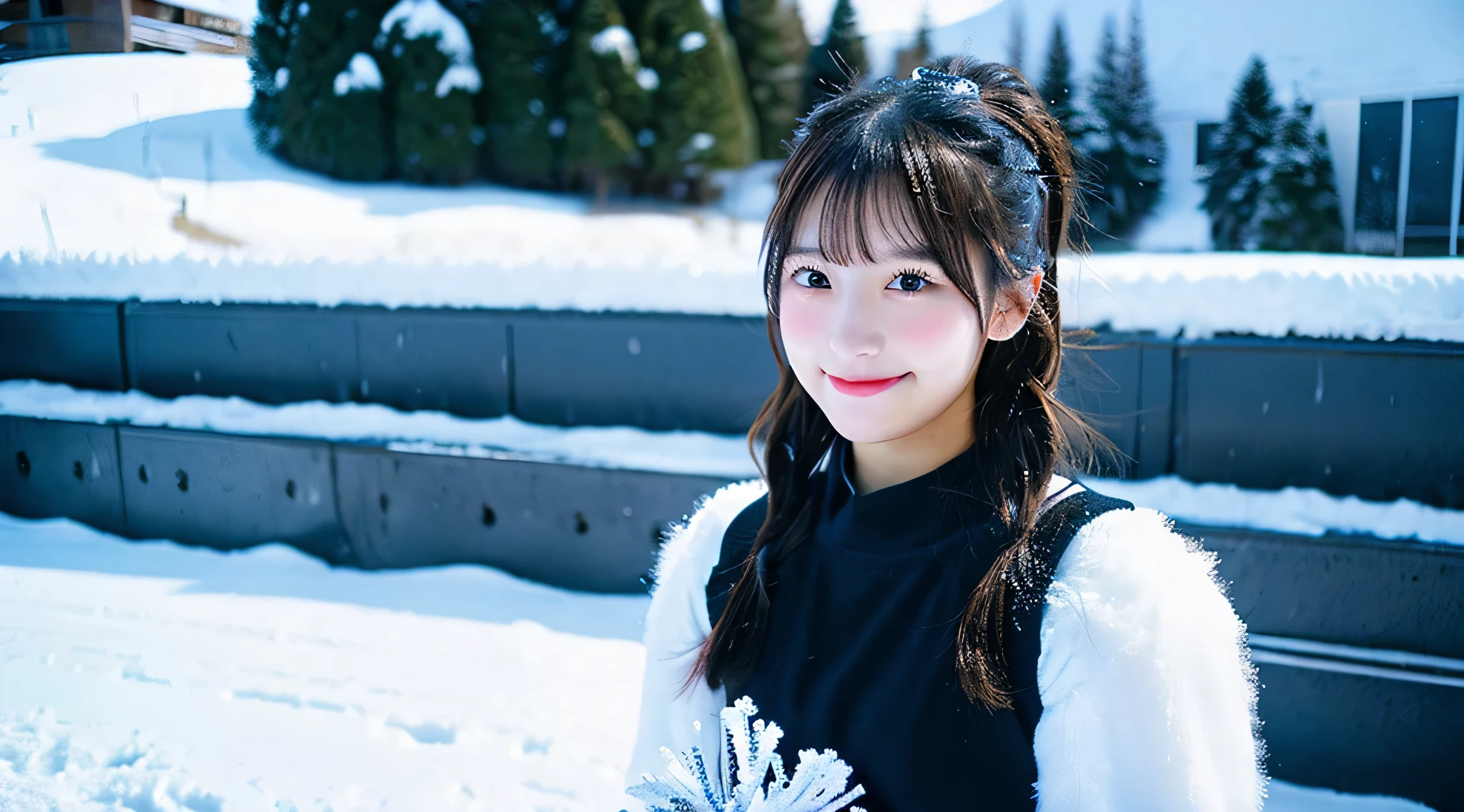 Cute cheerleader 18 years old wearing a black miniskirt、snowscape