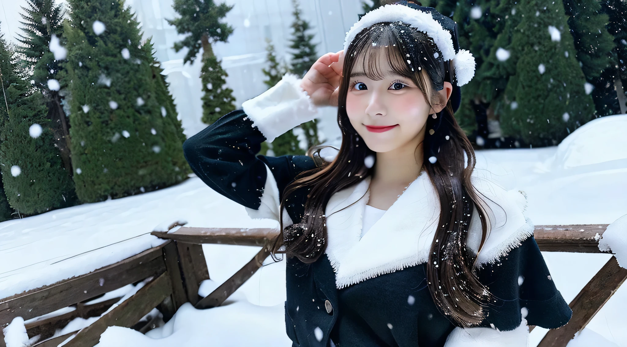 Cute Santa Claus 18 years old wearing a black miniskirt、It's snowing