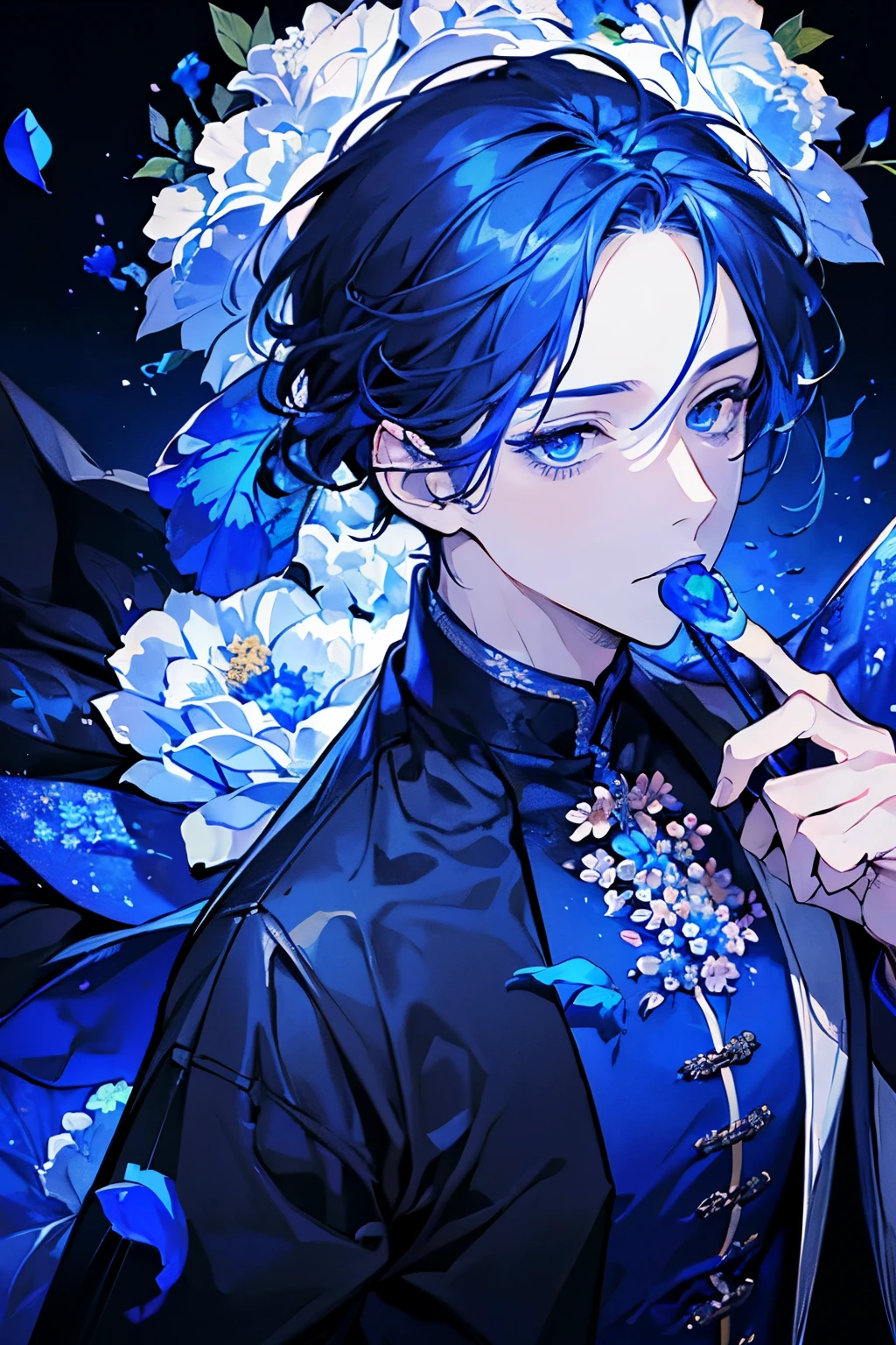 (masutepiece), (Best Quality), Highly detailed, 1 boy, Solo Focus,Perfect face, Beautiful face, extra detailed face,(darkblue hair:1.3),(Shining blue eyes:1.4),(Opening Mouth:1.4),(lots of flower:1.3),(flower petals:1.4)