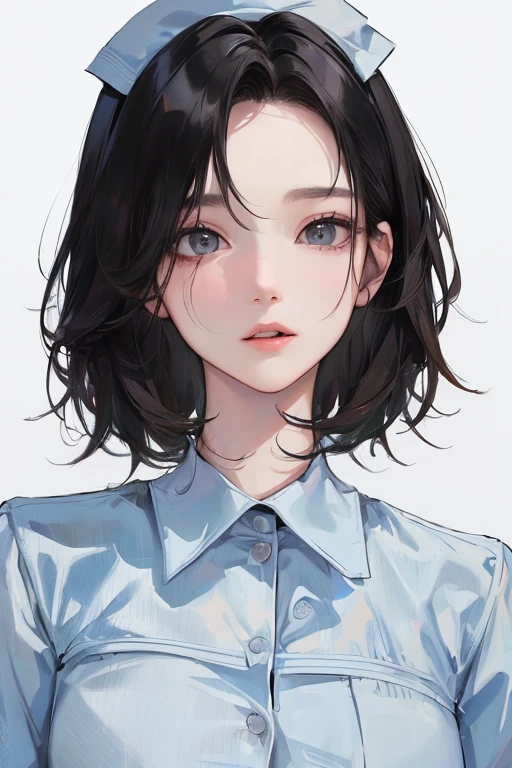 (Top resolution、Distinct_image)top-quality、femele、​masterpiece、ighly detailed、Semi-realistic、Black short hair、Dark hair、grey  eyes、bangss、25-years old、Mature、年轻、絶妙なFacial features、Facial features、nurse