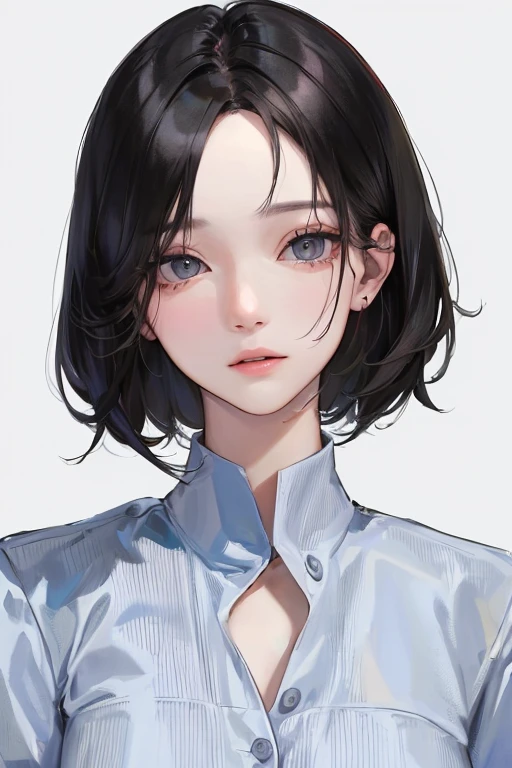 (Top resolution、Distinct_image)top-quality、femele、masterpiece、ighly detailed、Semi-realistic、Black short hair、Dark hair、grey eyes、bangss、25-years old、Mature、年轻、絶妙なFacial features、Facial features、nurse