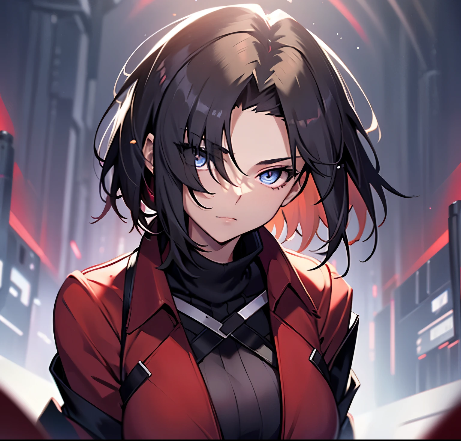 From the chest to the face, fate drawing, tall woman, 20s, solo solo, parted in the center, black hair, short hair, long eyes, narrow eyes, beautiful eyes, red jacket, black sweater, gun, big breasts,