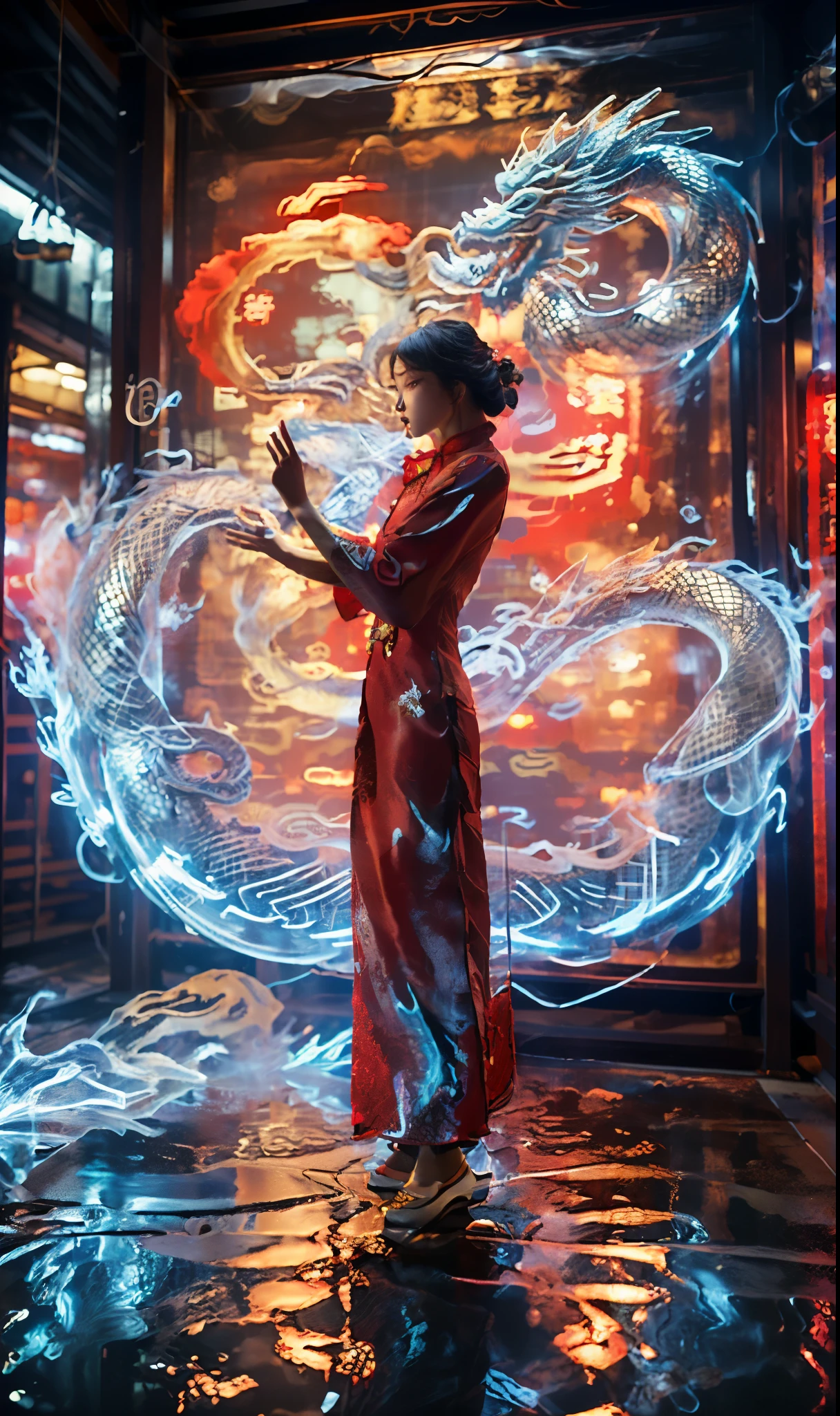 White holographic dragon, 1个Giant Breast Girl(Red cheongsam:1.5)
A shot full of tension(The sky glows red,visual shock,Give your poster a dynamic and visually compelling look:1.2),Chinese Zen style,impactful picture,