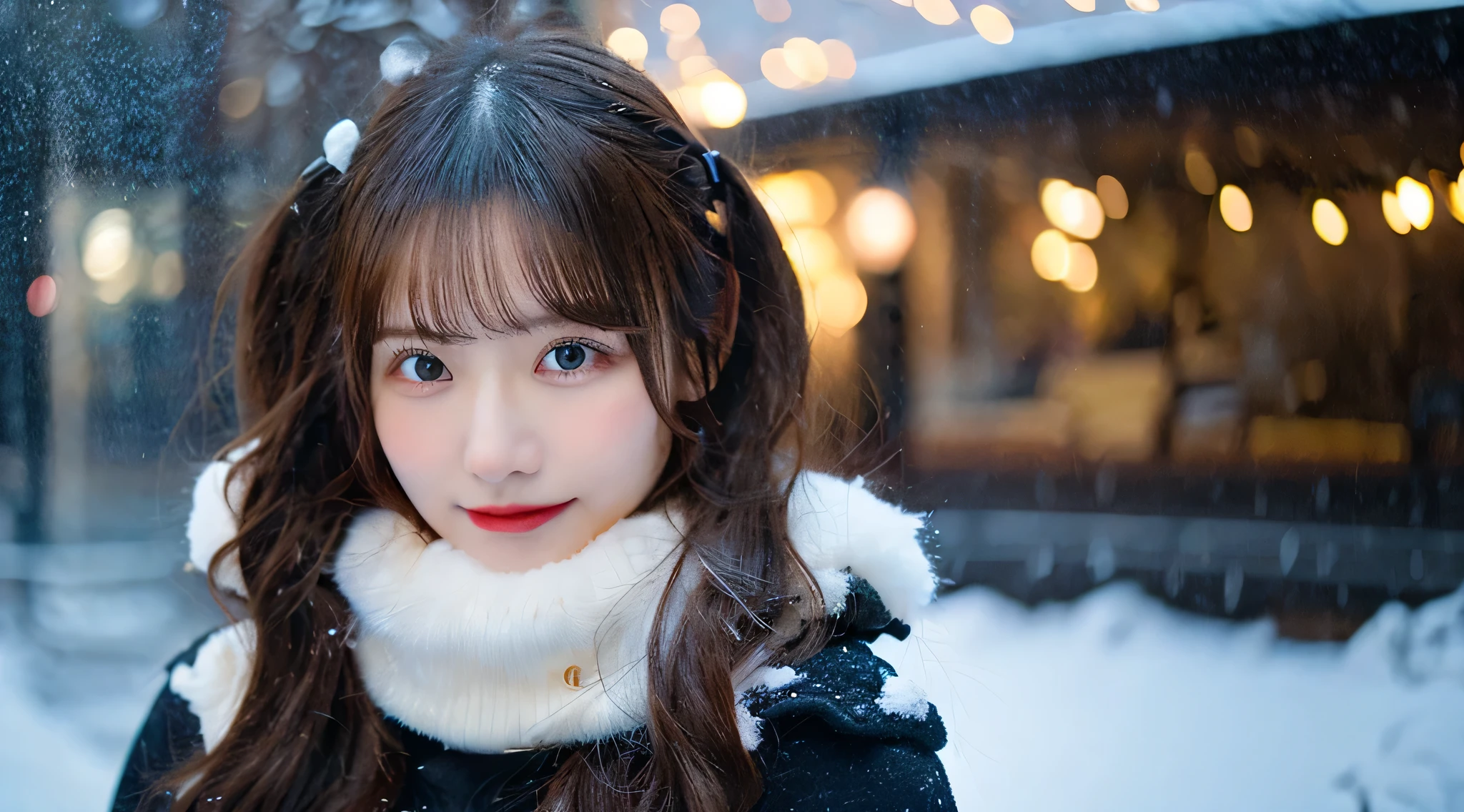 Cute beautiful girl 18 years old wearing a black miniskirt、Snow outside the window