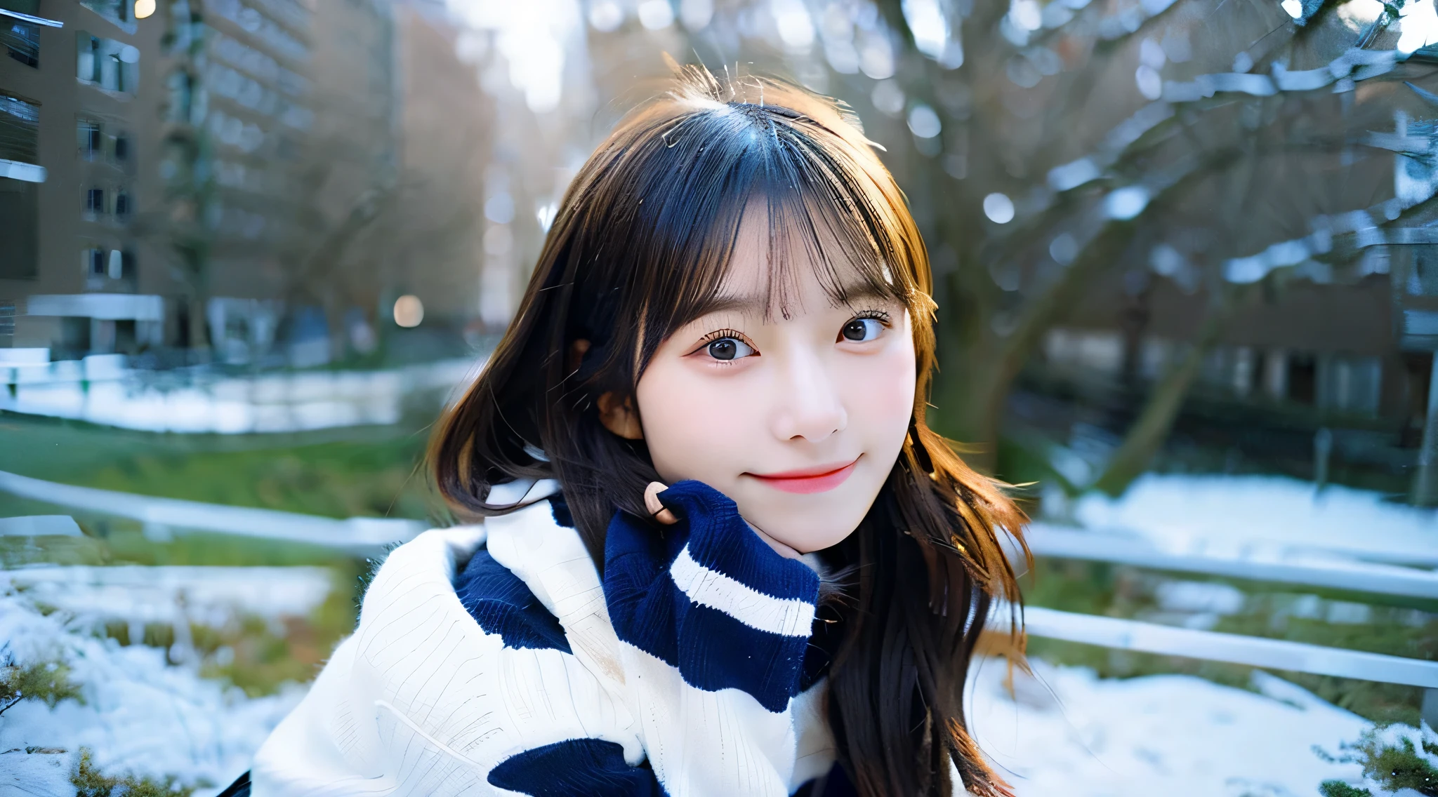 Cute College Girl, 18 years old, Wearing a navy blue miniskirt、The background is a winter landscape
