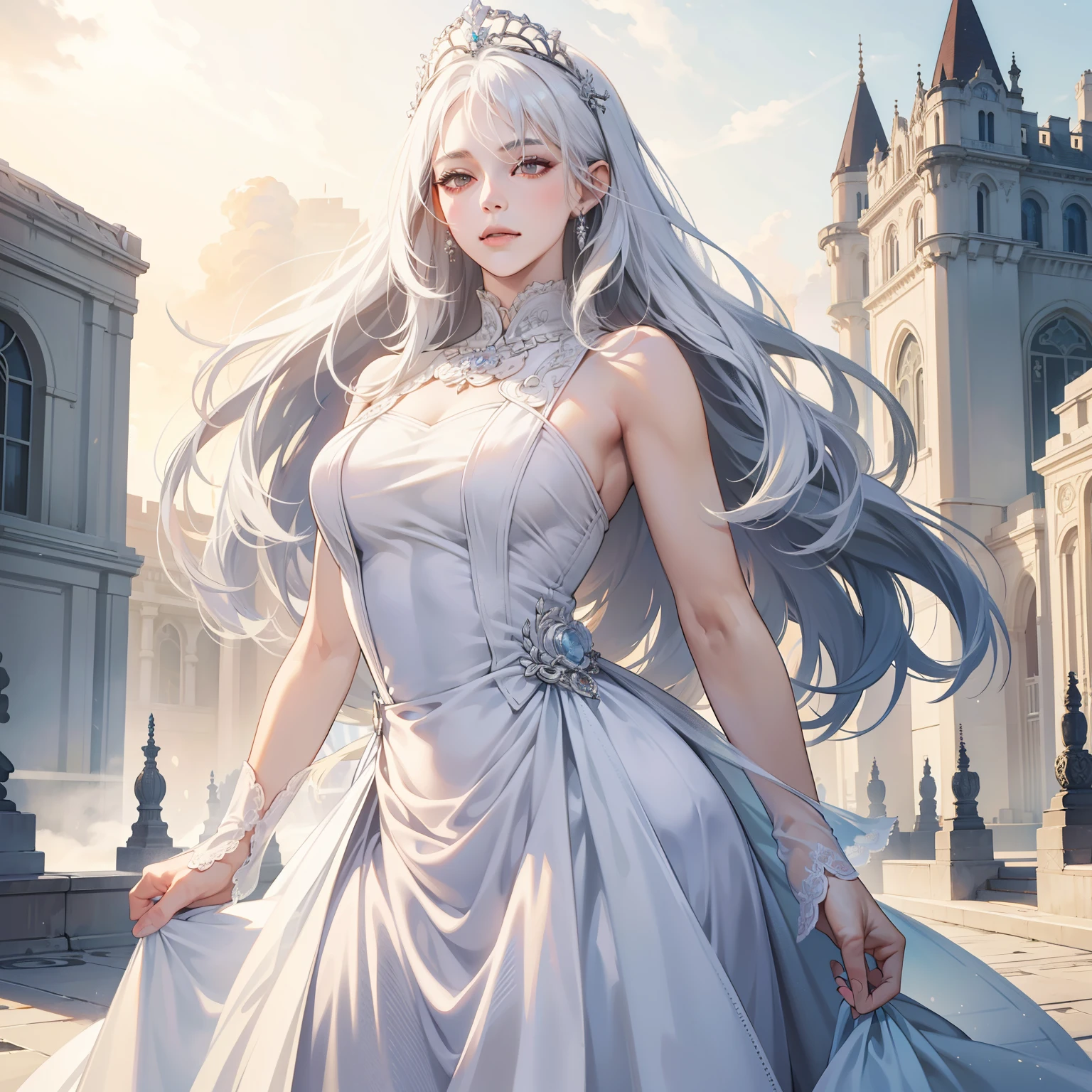 Masterpiece, high quality, best quality, HD, realistic, perfect lighting, detailed body, 1 woman, white eyes, long hair, white Hair, Queen White Dress, Palace background.