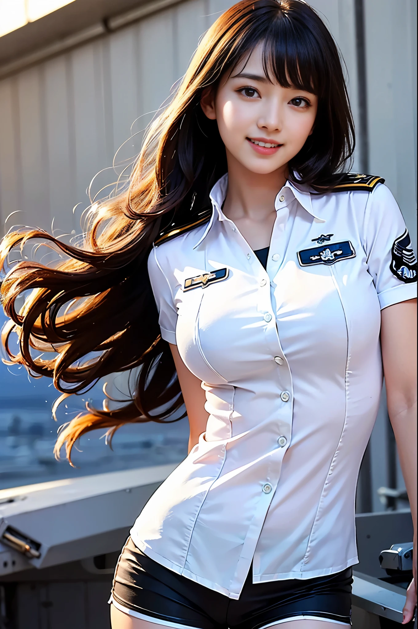 (top-quality、超hight resolution、masterpiece:1.3), A photo of extremely cute and beautiful Japanese woman, (long wavy chestnut hair:1.2), , (Detailed beautiful girl:1.4), masutepiece, With bangs, Detailed moisturized eyes, Textured skin, Best Quality, Illustration, Ultra-detailed, finely detail, hight resolution, in 8K, Wallpaper, Perfect dynamic composition, Beautiful detailed eyes, Natural Lip, Big breasts, cleavage, Random sexy poses, (Detailed US Air Force Pilot Captain Uniform:1.3), (White Pilot Captain Shirt:1.3), (shorts:1.3), Aircraft carrier deck at sunset, people working on deck々