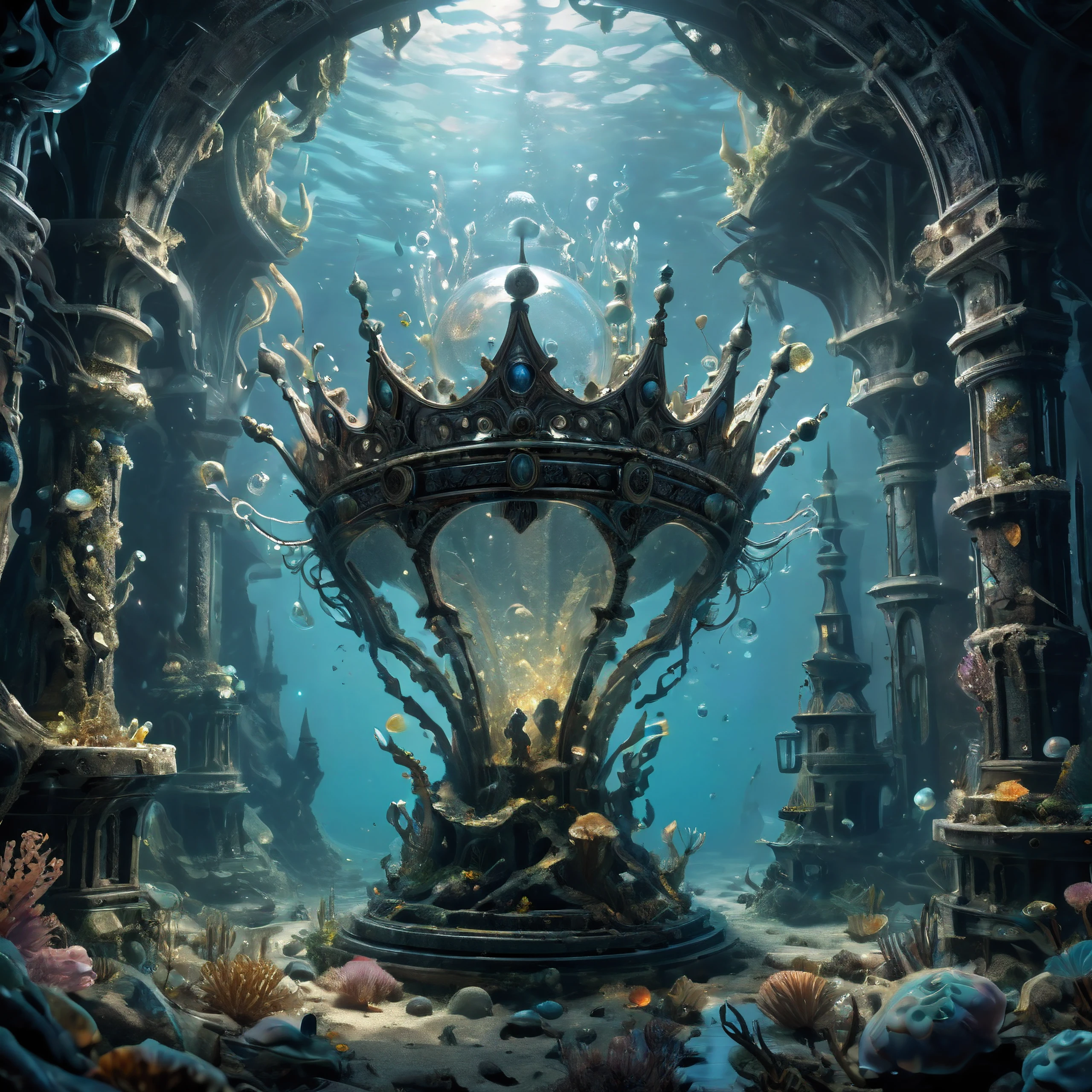 (Masterpiece in maximum 16K resolution), the best quality, (very detailed CG unity 16k wallpaper quality),(intricate detail:1.4), (extremely insane detail:1.4),(((Soft colors 4k highly detailed digital art:1.3))). | A full view of an ancient weapon inside an underwater temple, as ancient weapon emits magical glitters, each gillter detailed and rendered with a masterful gouache technique,surrounded by crystal clear water, magical glitter everywhere, magical environment, subtly illuminate,fantasy art behance,surreal, its beauty and strength captured,It gives an awesome aura.