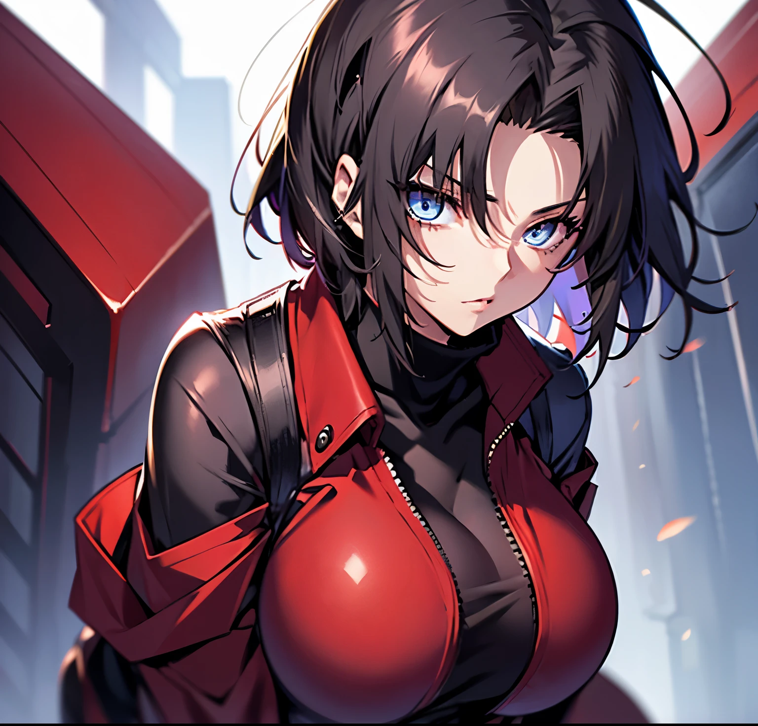 Fate drawing, tall woman, 20s, solo, center parted, black hair, short hair, long eyes, narrow eyes, beautiful eyes, red jacket, black sweater, gun, big breasts,