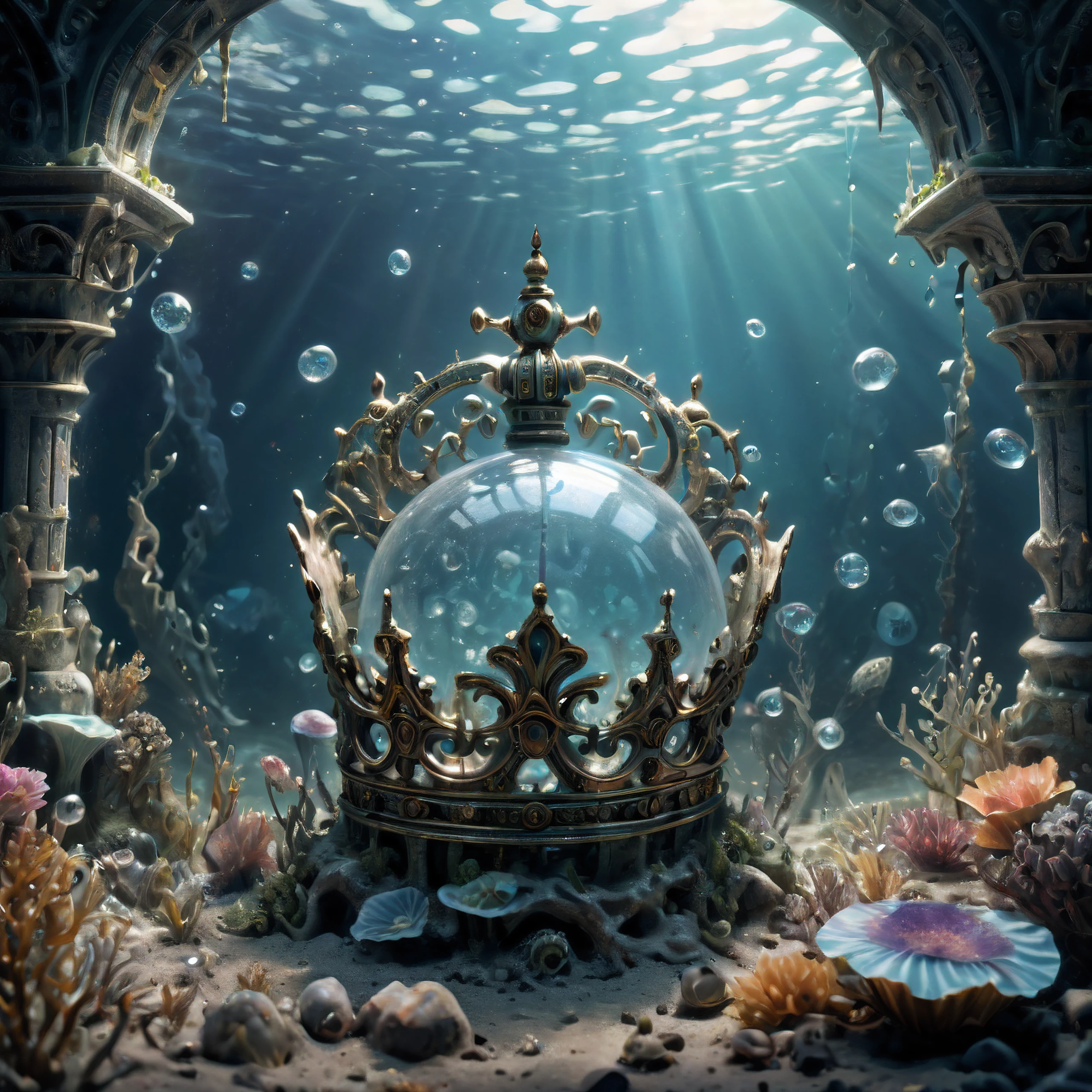 (Masterpiece in maximum 16K resolution), the best quality, (very detailed CG unity 16k wallpaper quality),(intricate detail:1.4), (extremely insane detail:1.4),(((Soft colors 4k highly detailed digital art:1.3))). | A full view of an ancient weapon inside an underwater temple, as ancient weapon emits magical glitters, each gillter detailed and rendered with a masterful gouache technique,surrounded by crystal clear water, magical glitter everywhere, magical environment, subtly illuminate,fantasy art behance,surreal, its beauty and strength captured,It gives an awesome aura.