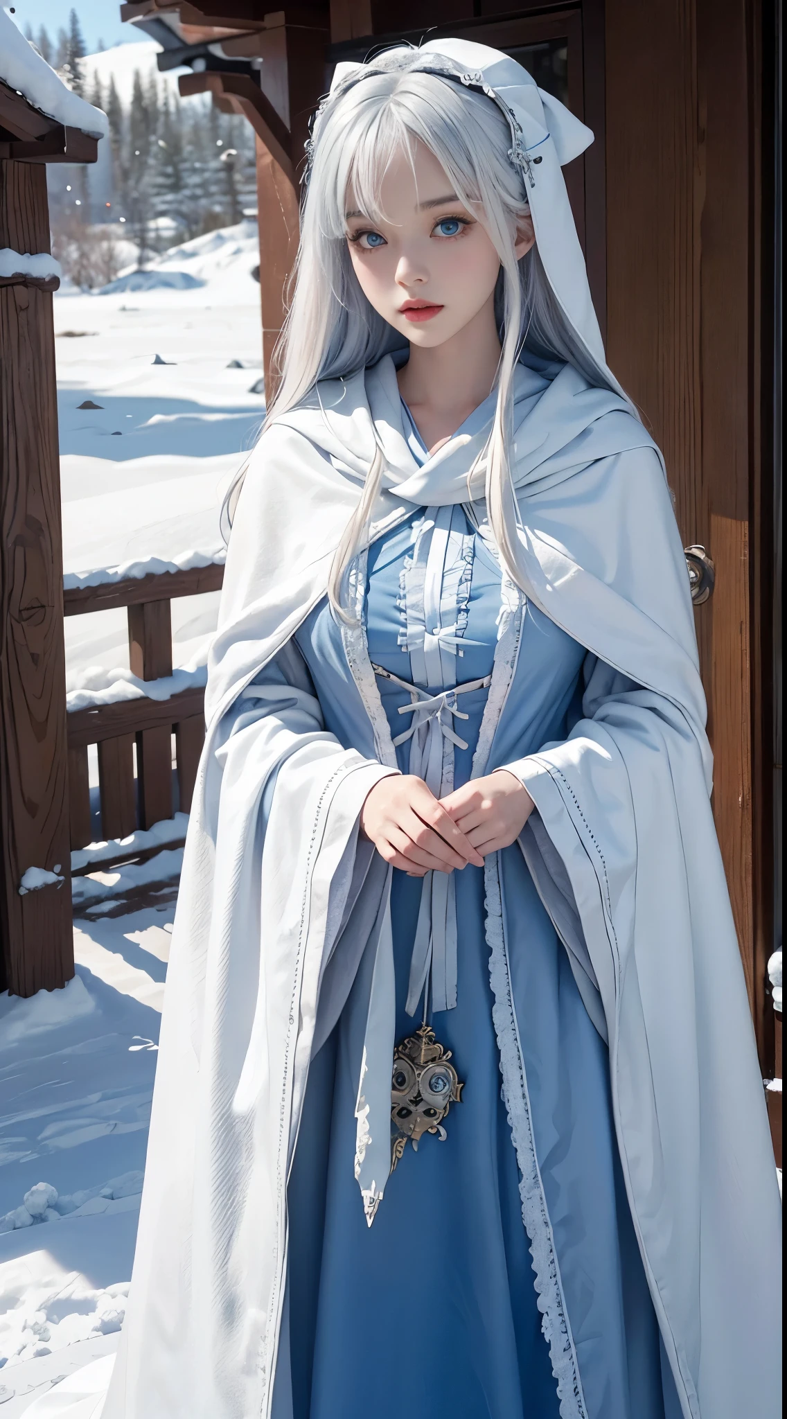 realisticlying, A high resolution, 1 Women, Alone, (Lolita costume),Gorgeous costumes attract the audience,upper part of body,upper legeautiful blue eyes, White hair, eye socket, (external,Oyuki,Cloak,blanketed in a mantle of snow),snow field