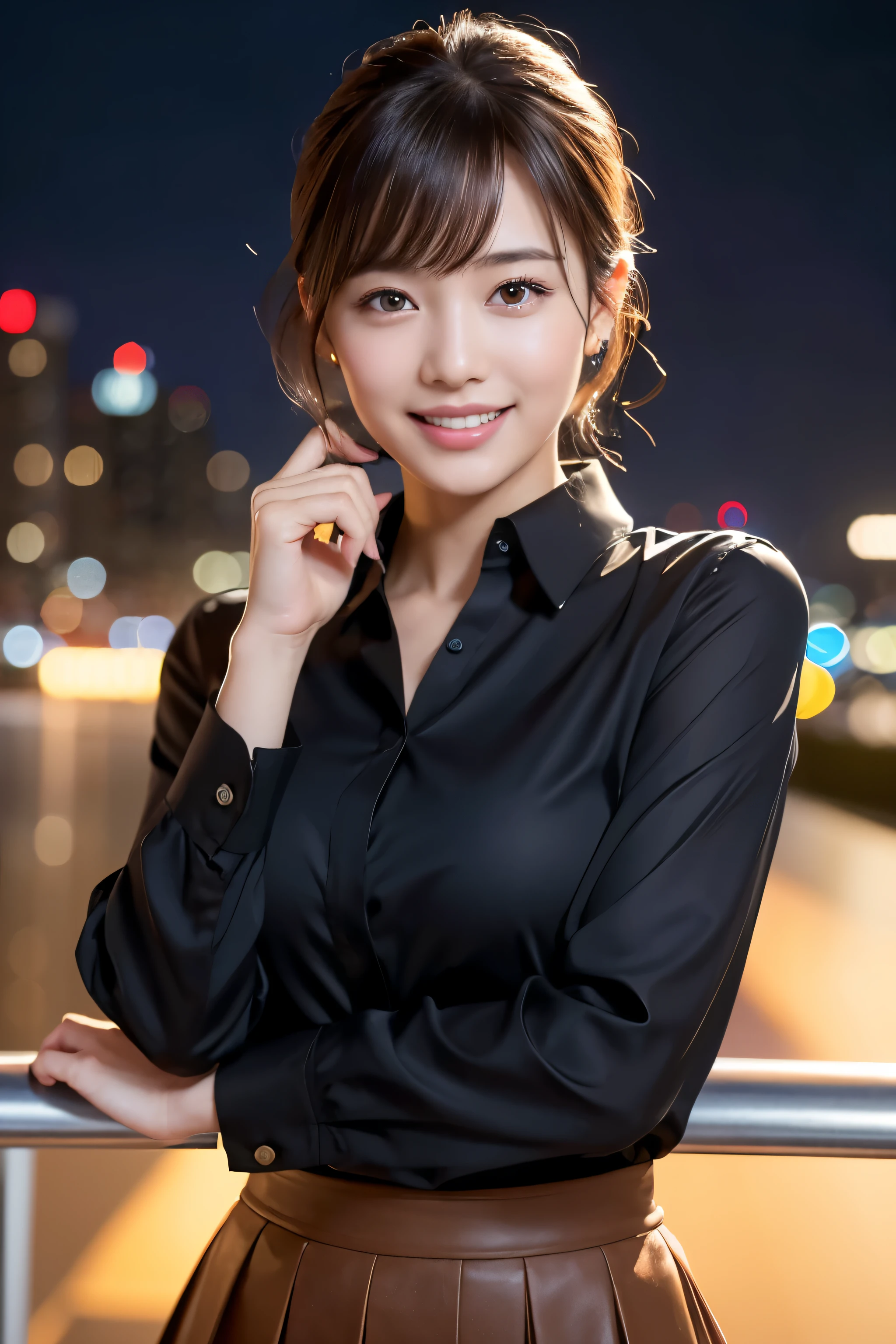 After 20 years, I could stand it.hight resolution, Realistic image of a Japanese girl with dark brown eyes, Natural Skin, brown updo with bangs, Standing in a white blouse and flared skirt. She is alone, Smiling, open open mouth. The image is blurry, Only by window light, night city background. The image features hyperrealism, Hyper-detailing, Beautiful eyes, Quite wet lips, Delicate fingers, Detailed pupils, and a real hum