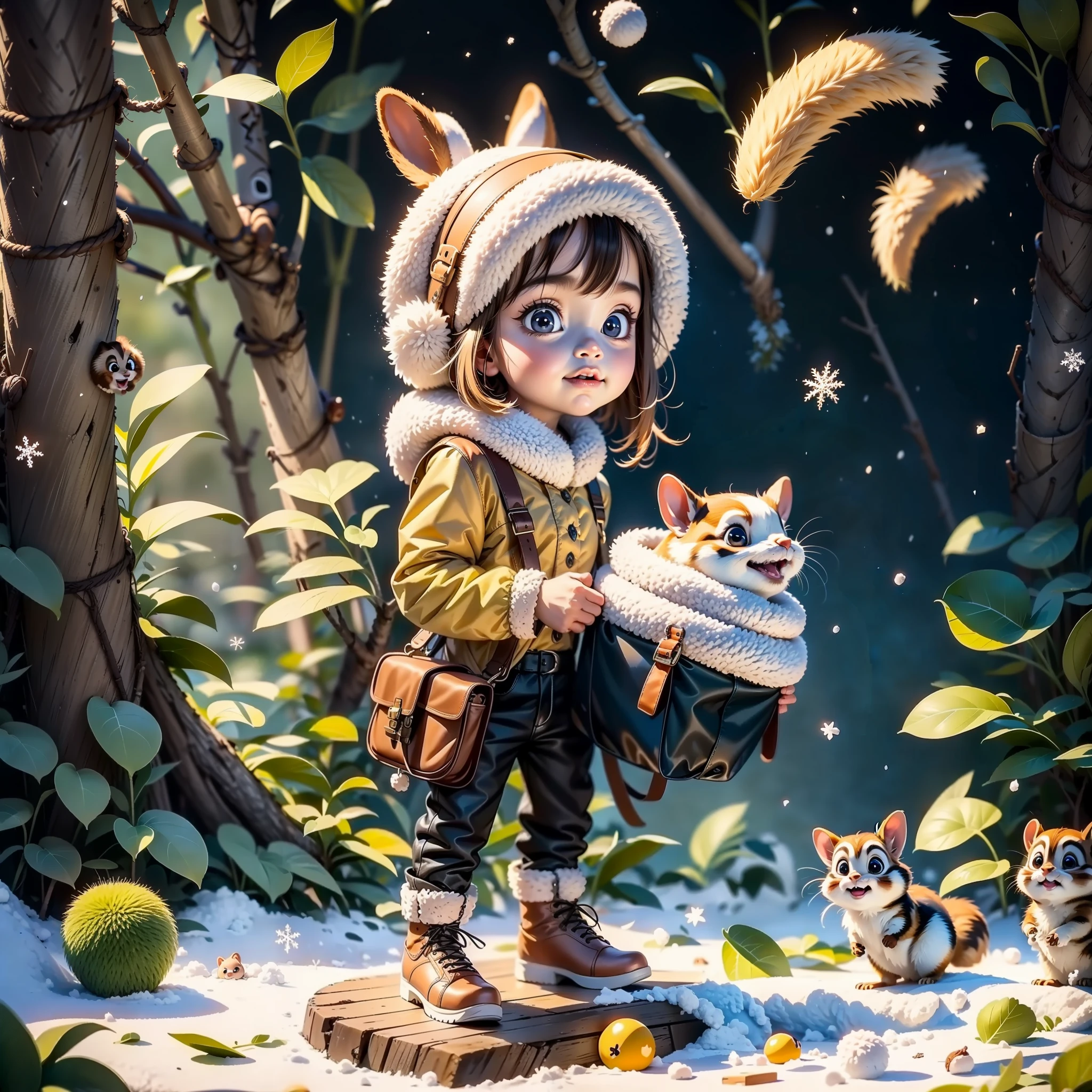 chestnut people an acorn figure and a chipmunk a young blond woman in winter clothing looking at camera with snow falling, beautiful digital artwork, realistic digital art 4 k, perfecteyes eyes, SAM YANG, 8k resolution