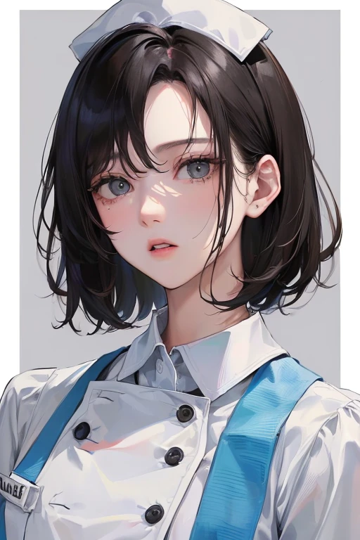 (Top resolution、Distinct_image)top-quality、femele、​masterpiece、ighly detailed、Semi-realistic、Black short hair、Dark hair、grey  eyes、bangss、25-years old、Mature、年轻、絶妙なFacial features、Facial features,nurse