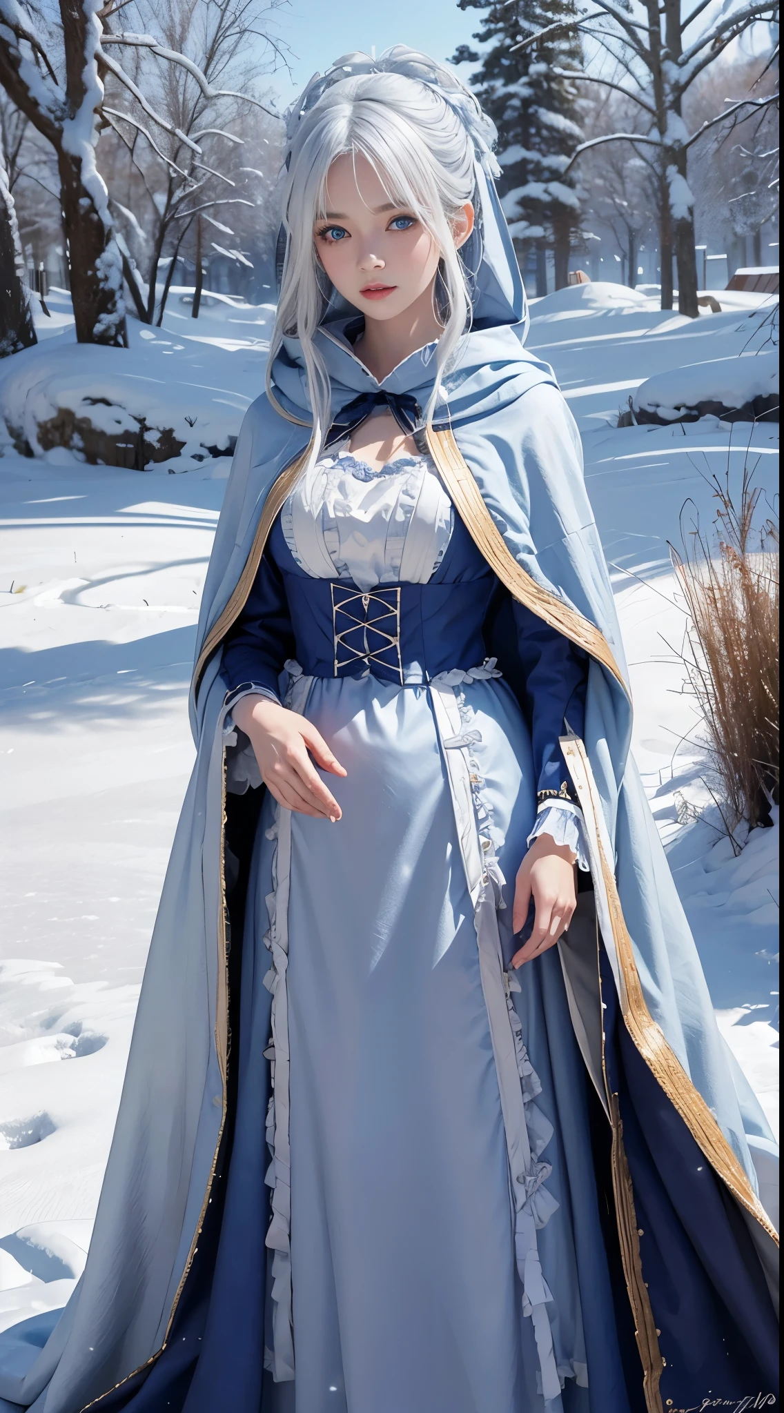 realisticlying, A high resolution, 1 Women, Alone, (Lolita costume),Gorgeous costumes attract the audience,upper part of body,upper legeautiful blue eyes, White hair, eye socket, (external,Oyuki,Cloak,blanketed in a mantle of snow),snow field
