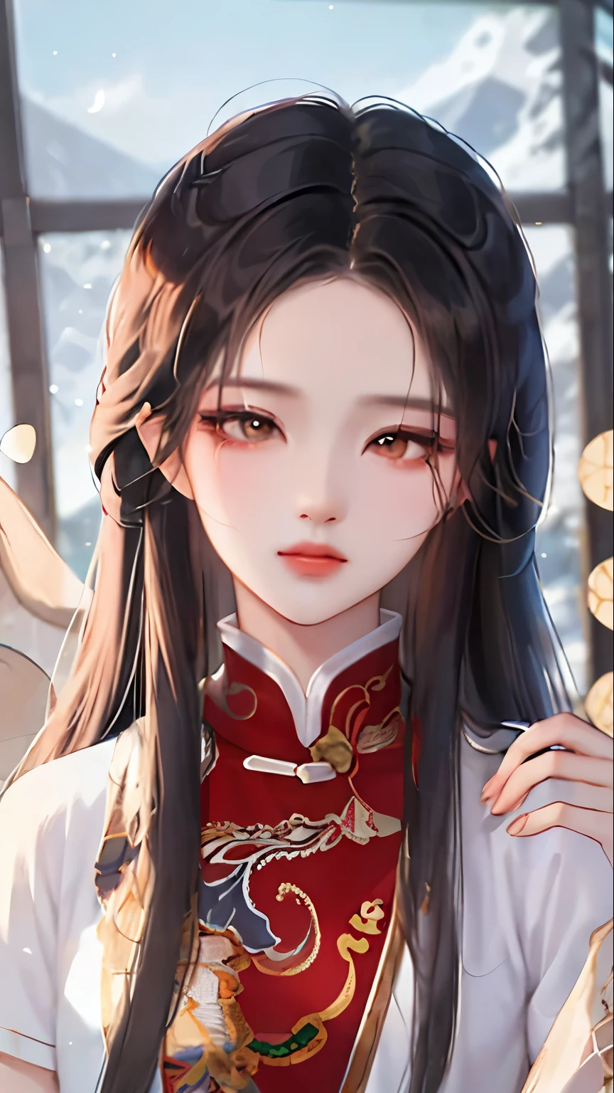 heroes&#39;A masterpiece in the style of ancient Wei Zi，Close-up of a woman with black hair，Red dress，mistic，Antique rhyme，Exquisite epic character art，Presenting stunning aesthetics and antique atmosphere，The delicate brushstrokes and depth of field in the picture make you immersed in the scene，Fan Qiwu quasi-world can be regarded as the beauty of mountains and rivers，Liu Yifei,