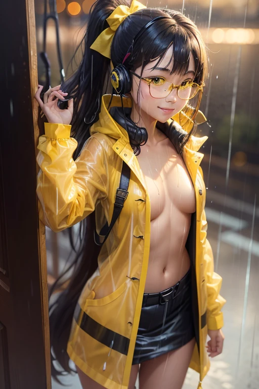 ((from behind)), Very close-up, 1 beautiful Thai girl, long hair in a ponytail,, bangs, eyeglasses, Naughty smile, Over-ear headphones, slim waist, natural small breast, perky tits, stand solemnly, (rain coat, Very large size, yellow:1.5), (open chest:1.5), It's raining, backlit, silhouette, city, night light, anime, ultra highres
