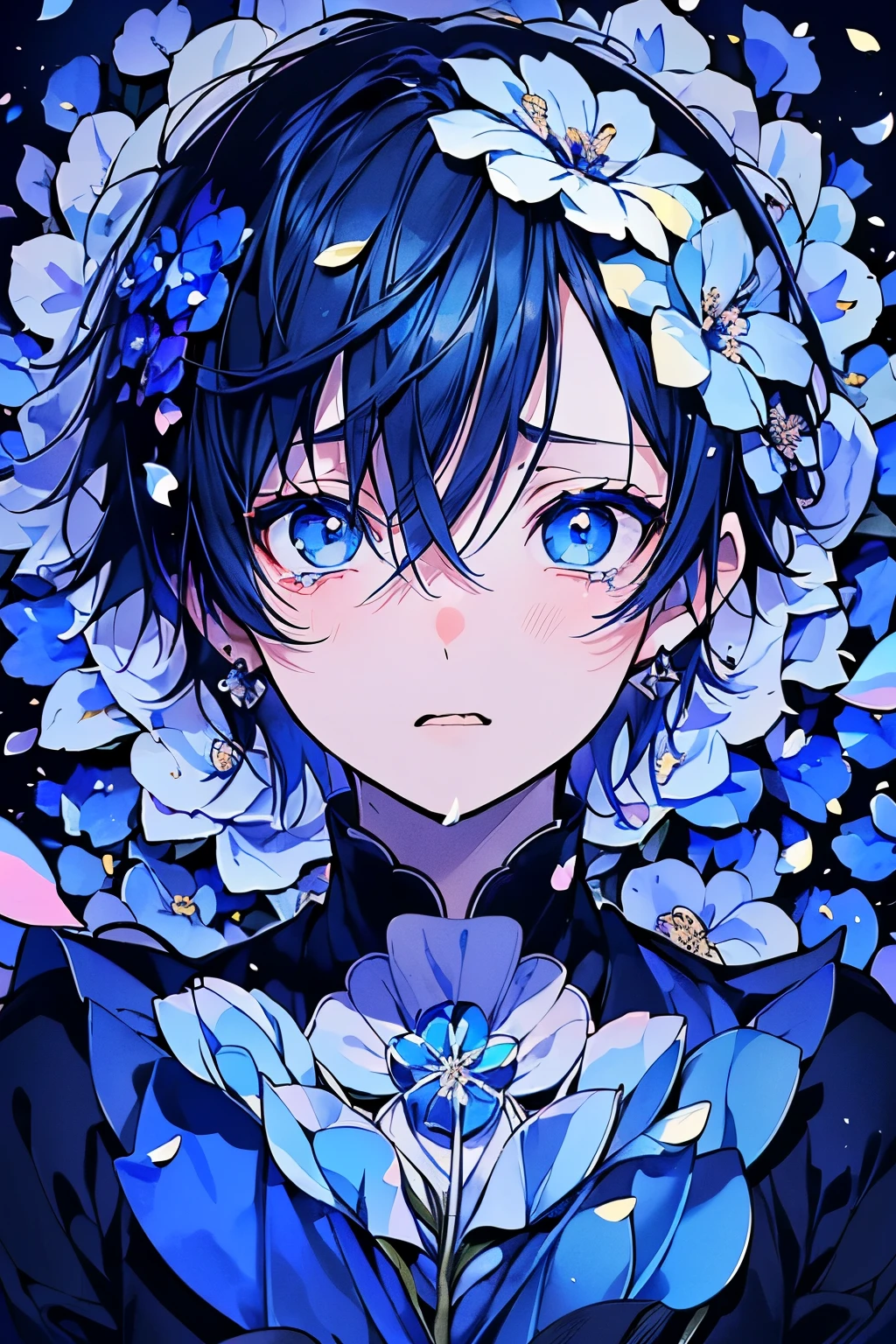 (masutepiece), (Best Quality), Highly detailed, 1 boy, Solo Focus，Perfect face, Beautiful face, extra detailed face，(darkblue hair:1.3)，(Shining blue eyes:1.4)，(Opening Mouth:1.4)，(spit flowers out of the mouth:1.4)，(Teary-eyed:1.3)，(flower petals:1.4)