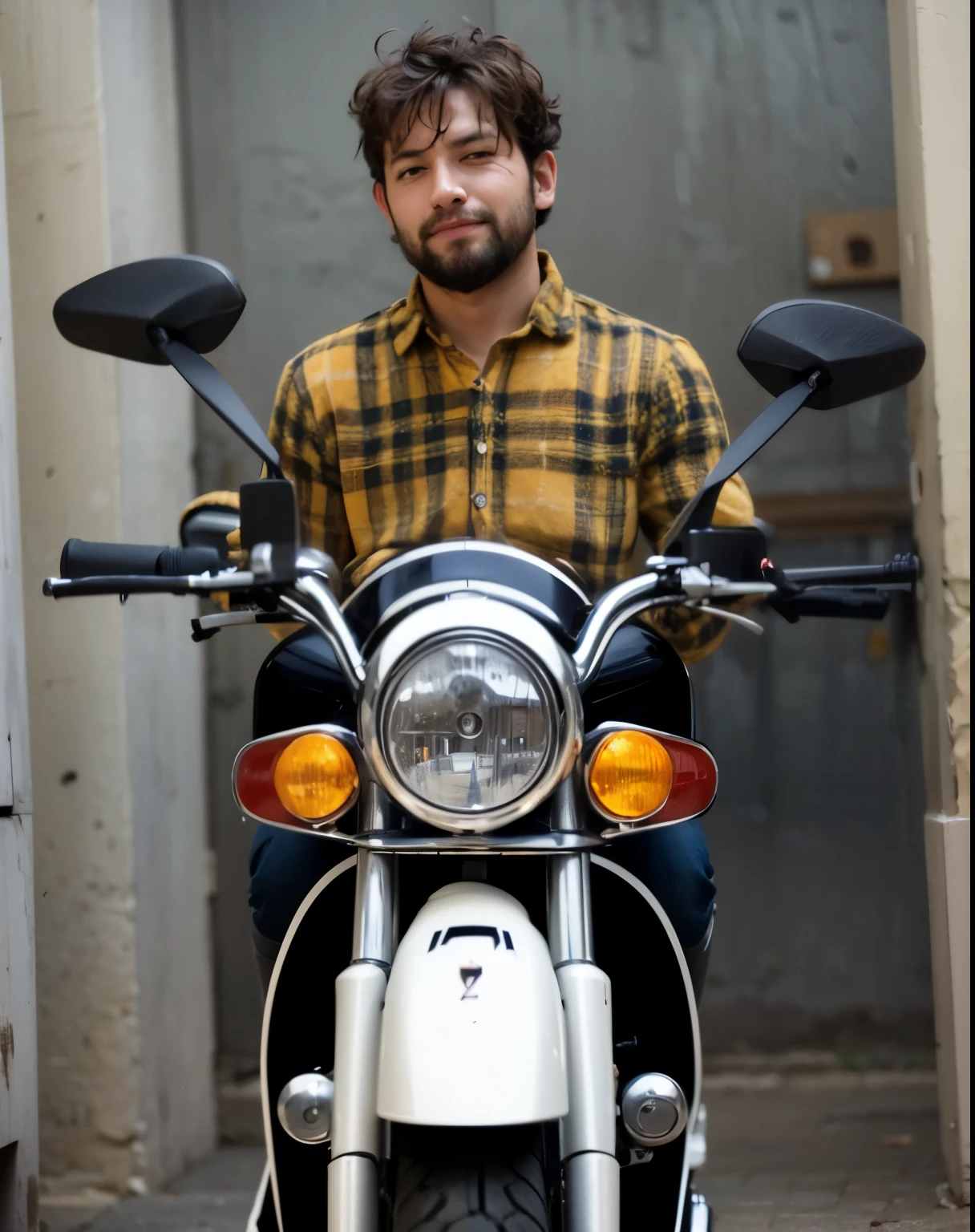 Boy sitting on sports motorcycle
