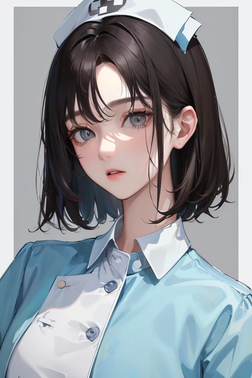 (Top resolution、Distinct_image)top-quality、femele、masterpiece、ighly detailed、Semi-realistic、Black short hair、Dark hair、grey eyes、bangss、25-years old、Mature、年轻、絶妙なFacial features、Facial features,nurse
