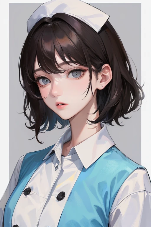 (Top resolution、Distinct_image)top-quality、femele、masterpiece、ighly detailed、Semi-realistic、Black short hair、Dark hair、grey eyes、bangss、25-years old、Mature、年轻、絶妙なFacial features、Facial features,nurse