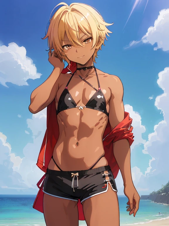 (((Official art,superfine illustration,hight resolution, masutepiece, best qualtiy,Best Quality,)))hightquality, detaileds, (A ),12 years omale idol with a super cute face,A boy as beautiful as Planding, Cool handsome face with smile, the beachサンダル、Long legs, thighs thighs thighs thighs, Foots, Bulge, (Blonde hair、Spiky hairstyle)、Shiny hair, (Upper body bikini), (Tight shorts on the lower body), sand beach、Cool pose, (厚いthighs thighs thighs thighs、Seduce your big ass to your crotch)、(((the beach)))、((cocky、))、Smirk、Spread legs,Ultra-fine painting, (Best Quality, 4K, 8K, hight resolution, masutepiece:1.2),(((Being aware of the sexual gaze of middle-aged gay men)))、Service Shots、(((Dark skin:1.2)))、((detailedsな目:1.2))