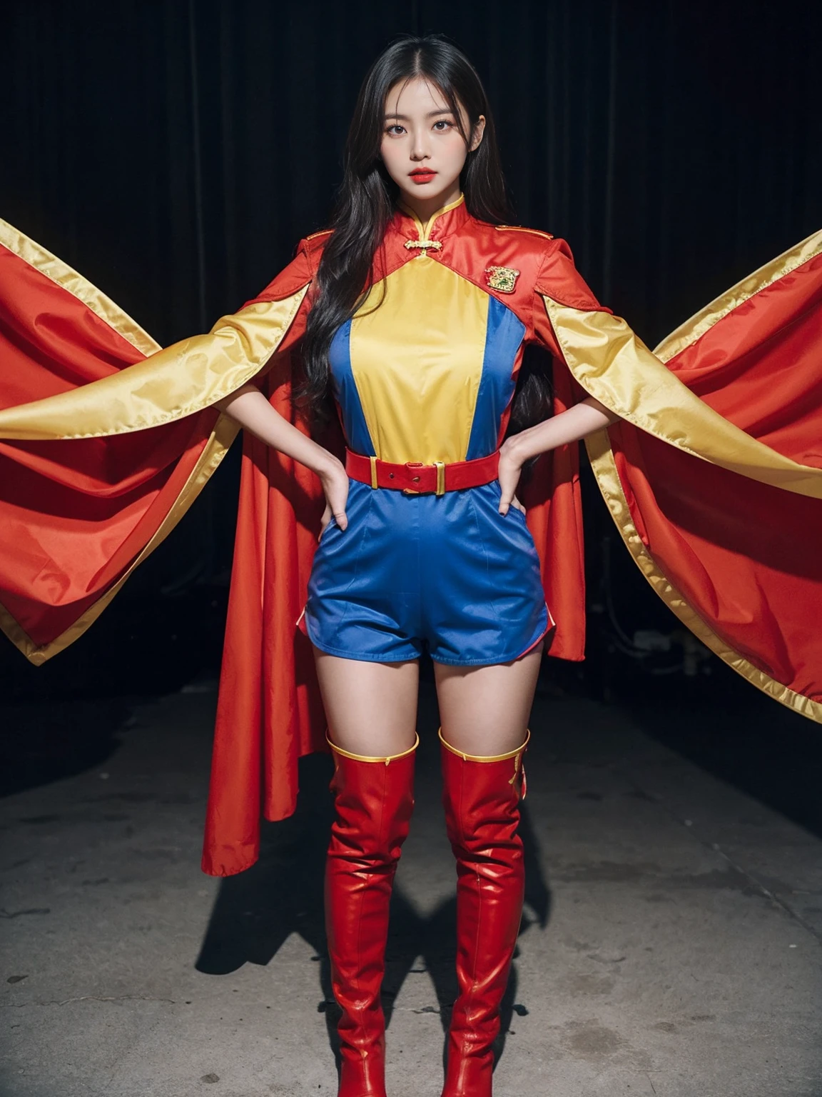 Cg Chinese superwoman wearing a red and yellow shield shape on the chest「S」The symbol is wearing an all-red and blue jumpsuit with a long cape hanging on its back, and its feet are wearing red over-the-knee boots, standing full body with GG realistic super power special effects.