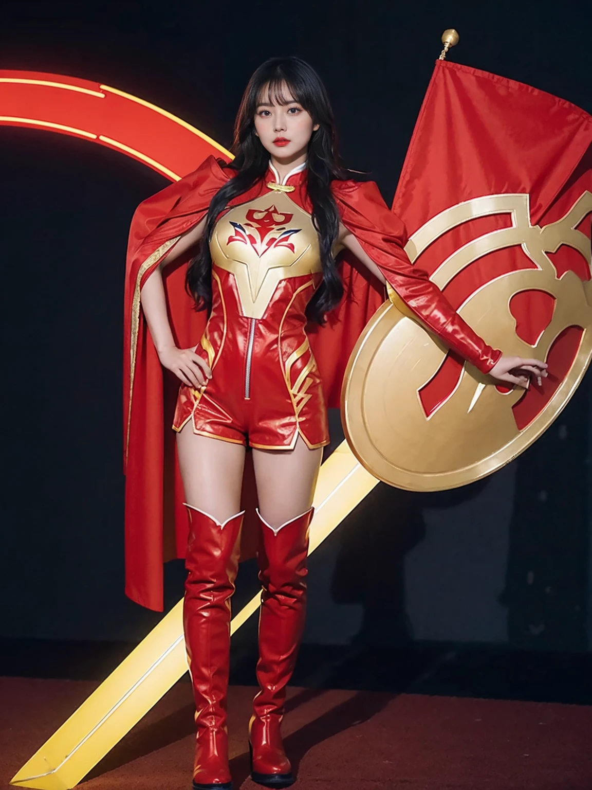 Cg Chinese superwoman wearing a red and yellow shield shape on the chest「S」The symbol is wearing an all-red and blue jumpsuit with a long cape hanging on its back, and its feet are wearing red over-the-knee boots, standing full body with GG realistic super power special effects.