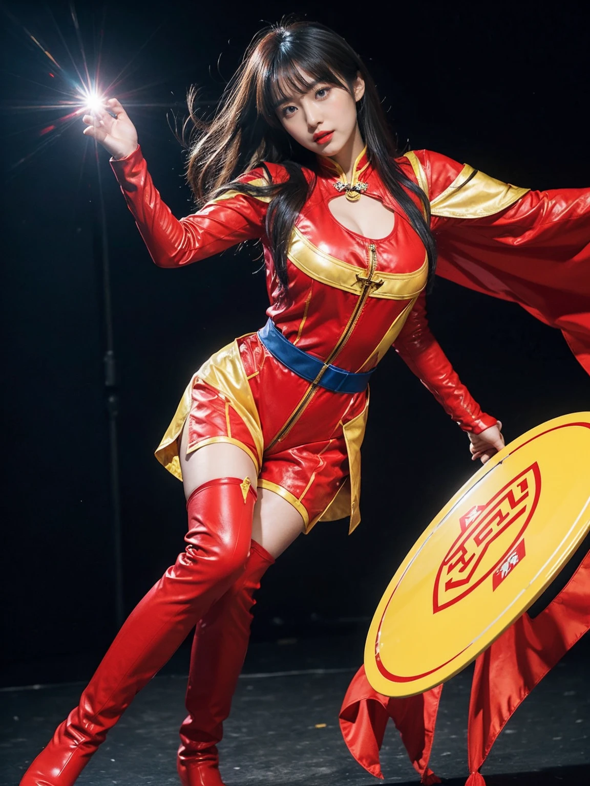 Cg Chinese superwoman wearing a red and yellow shield shape on the chest「S」The symbol is wearing an all-red and blue jumpsuit with a long cape hanging on its back, and its feet are wearing red over-the-knee boots, standing full body with GG realistic super power special effects.