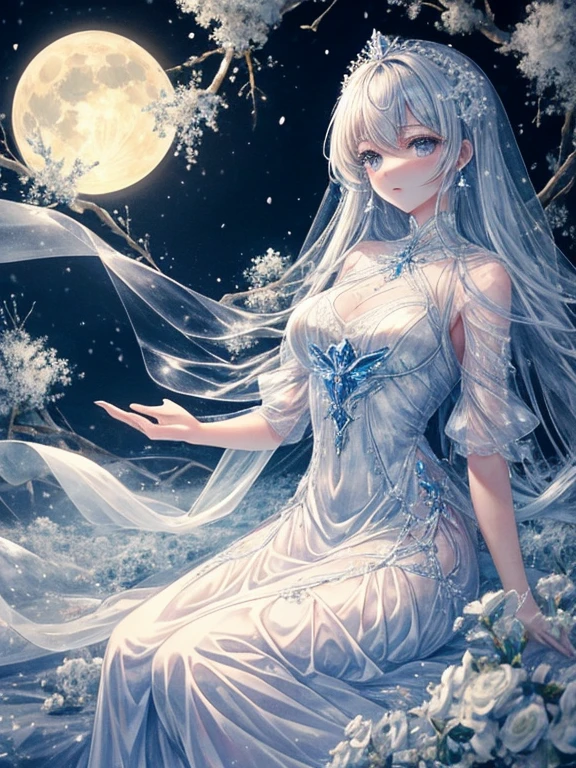scenecy, Paradise in Heaven, White lighting,(masutepiece), (Best Quality), (Cinematic), 8K, (art  stations), Li Yue painting style. (長い白い髪とSilvery eyesを持つ1人の女), (流れるような白くSheerドレス)、Beautiful delicate face]、[ Particle Lou Full Moon] [Frozen trees々] [landscape crystal] [Lighting] [Ethereal Atmosphere]:1.1 [Fantasy, short story] [soft Lighting] [+Cinematic shot]:1.2 [+art  stations] [+luminous white background] [+soft Lighting] [soft glow] [Creative and dynamic angles]:1.3, [+Crystal Toning] 、masutepiece, ighly detailed, Ultra-detailed, Solo, (pale skin), Silvery eyes, Frosty white hair, (snowy background), snowflake rosen flower:1.5), (crystal crown), (shining crystal), (((白くSheerドレス))), (Snowy ground), (Icy breath), (Frozen lashes), 花のある部屋に立つSheer繊細なウェディングドレスを着た美女, Female sexy、luxurious wedding, very magical and dreamy, dreamy and detailed, ethereal fairy tale, The setting of a fairy tale:, 贅沢なSheer薄いドレス, dreamy diamond、たくさんのクリスタルが付いたSheerドレス, fantasy sheer dress, A magical dress with a transparent chest, crystal see-through dress, Woman in a transparent dress with sparkling flowersな雰囲気とドラマ, Gorgeous setting, long luxurious intricate sheer gown, 妖しい雰囲気 masutepiece, The most beautiful scenes, An majestic、(((full of white flowers)))、quiet and serene atmosphere、A charming, Sheer,The nipple is visible、large boob、sexy-S 100,たくさんのクリスタルが付いたSheerドレス, fantasy sheer dress, Transparent chest dress, crystal see-through dress, Woman in a transparent dress with sparkling flowers, intricate fantasy sheer dress, transparent rainbow color, Detailed translucent costume design, transparent dress, a stunning young ethereal figure, Bejeweled Opal Statue, fantasy transparent costume,pure white and dazzling、all white tones,Inside the crystal library,Transparent flowers and falling snow，Many white roses were planted,flowingwater,falls,water bloom,The decoration is also carefully done.,Dreamy（ighly detailedです，Creative Design，crisp and precise lines，K HD，best qualtiy，tmasterpiece，超A high resolution，4K）、modeled、Diverse poses、beautiful hair ornament、Beautiful hairstyle、Full body view、グラビアmodeled