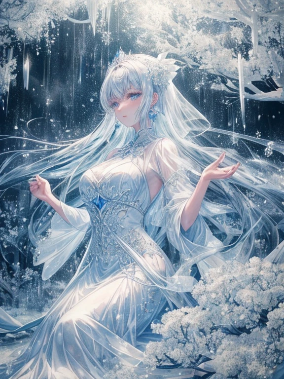 scenecy, Paradise in Heaven, White lighting,(masutepiece), (Best Quality), (Cinematic), 8K, (art  stations), Li Yue painting style. (長い白い髪とSilvery eyesを持つ1人の女), (流れるような白くSheerドレス)、Beautiful delicate face]、[ Particle Lou Full Moon] [Frozen trees々] [landscape crystal] [Lighting] [Ethereal Atmosphere]:1.1 [Fantasy, short story] [soft Lighting] [+Cinematic shot]:1.2 [+art  stations] [+luminous white background] [+soft Lighting] [soft glow] [Creative and dynamic angles]:1.3, [+Crystal Toning] 、masutepiece, ighly detailed, Ultra-detailed, Solo, (pale skin), Silvery eyes, Frosty white hair, (snowy background), snowflake rosen flower:1.5), (crystal crown), (shining crystal), (((白くSheerドレス))), (Snowy ground), (Icy breath), (Frozen lashes), 花のある部屋に立つSheer繊細なウェディングドレスを着た美女, Female sexy、luxurious wedding, very magical and dreamy, dreamy and detailed, ethereal fairy tale, The setting of a fairy tale:, 贅沢なSheer薄いドレス, dreamy diamond、たくさんのクリスタルが付いたSheerドレス, fantasy sheer dress, A magical dress with a transparent chest, crystal see-through dress, Woman in a transparent dress with sparkling flowersな雰囲気とドラマ, Gorgeous setting, long luxurious intricate sheer gown, 妖しい雰囲気 masutepiece, The most beautiful scenes, An majestic、(((full of white flowers)))、quiet and serene atmosphere、A charming, Sheer,The nipple is visible、large boob、sexy-S 100,たくさんのクリスタルが付いたSheerドレス, fantasy sheer dress, Transparent chest dress, crystal see-through dress, Woman in a transparent dress with sparkling flowers, intricate fantasy sheer dress, transparent rainbow color, Detailed translucent costume design, transparent dress, a stunning young ethereal figure, Bejeweled Opal Statue, fantasy transparent costume,pure white and dazzling、all white tones,Inside the crystal library,Transparent flowers and falling snow，Many white roses were planted,flowingwater,falls,water bloom,The decoration is also carefully done.,Dreamy（ighly detailedです，Creative Design，crisp and precise lines，K HD，best qualtiy，tmasterpiece，超A high resolution，4K）、modeled、Diverse poses、beautiful hair ornament、Beautiful hairstyle、Full body view、グラビアmodeled