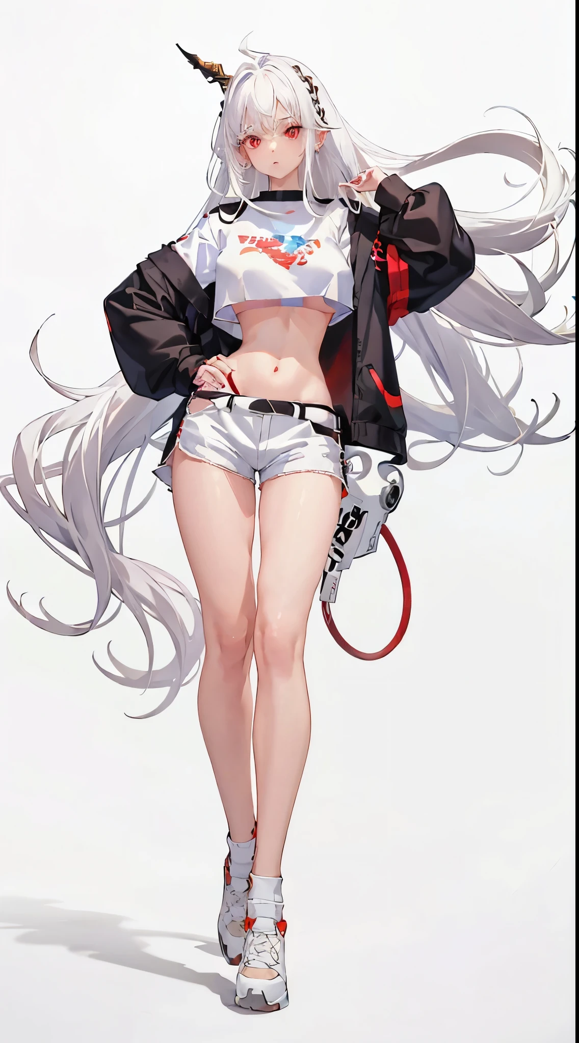 1girl, white hair, red eyes, navel, looking at viewer, hand on hip, black jacket, dolphin shorts, groin, (white shirt:1.2), braid, very long hair, wide hips,
underboob, shirt,
big\(BodyProportions\),