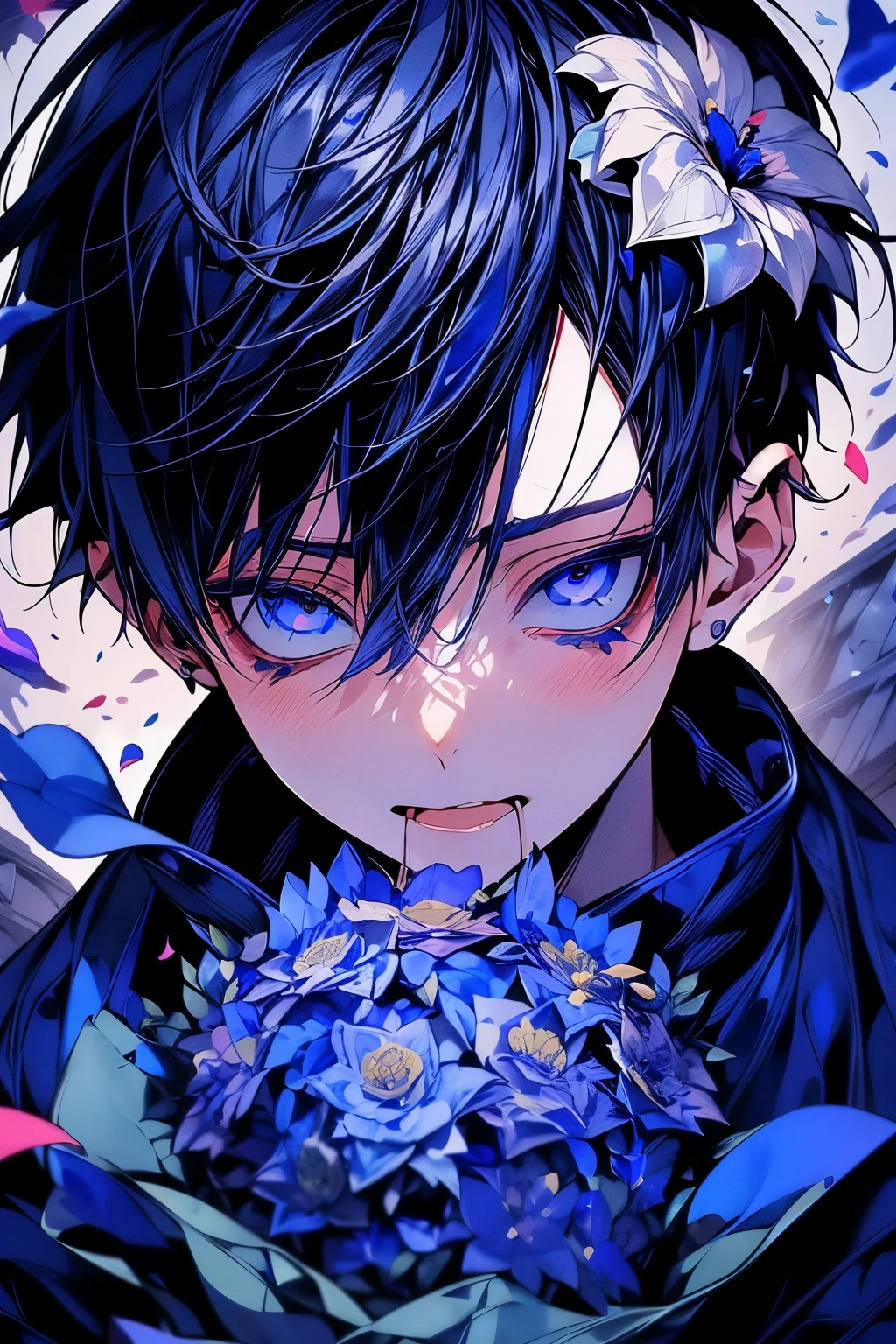 (masutepiece), (Best Quality), Highly detailed, 1 boy, Solo Focus,Perfect face, Beautiful face, extra detailed face,(darkblue hair:1.3),(Shining blue eyes:1.4),(Opening Mouth:1.4),(spit flowers out of the mouth:1.4),(Teary-eyed:1.3),(flower petals:1.4)