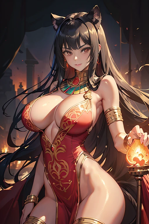 queen panther girl from ancient Egypt, (((panther woman,anthro furry cute,panther female warrior,panther-girl))),(((tail,panther tail,panther ears,thin panther tail,panther ears on head,big panther ears))),(large breasts:1.4,saggy breasts),((black hair:1.4,straight hair,long hair:1.4,colored inner hair)),(((red_eyes:1.3))),intricate eyes,beautiful detailed eyes,symmetrical eyes,((((lustrous skin:1.5,tanned skin,bright skin: 1.5,skin tanned,shiny skin,very shiny skin,shiny body)))),(spider lower abdomen,narrow waist,wide hip,athletic body,inflated legs),(((detailed face))),beautiful detailed lips, slutty,sensual,seductive look,seductive,((erotic)),opulent,(((nsfw))), (((huge cleavage))),revealing clothes,show skin,((underboob)),(barefoot,),Egyptian adornments,(((red veil))),desert warrior with little clothing,((tiny loincloth)),Egyptian tattoo,arms covered in Egyptian adornments,shoulder pad,(((nemes with that of the sphinx))),include hieroglyphics in clothing,((clothing in red and black and white colors)),((Egyptian designs on the arms)),(((Transparent cloth:1.1,wet clothes,intricate outfit,embroidered outfit,ornate outfit,intricate clothes,embroidered clothes,ornate clothes))), dynamic pose,looking at viewer,(smirk,beautiful smile),centered,scale to fit dimensions,Rule of thirds, inside a cavern,pillars,((pillars background,egyptian palace background)),scenery,extremely scenery,(torches,torches in the background),Egypt castle,(sunset, golden hour), (Glossy Egyptian ornaments),(top-quality,8K,32K,​masterpiece),high resolution,(Photorealistic:1.4),Ray tracing,Sun glare,depth of fields,By backlight effect,Add depth to your screen,(((vibrant colors,vibrant theme))),(intricate),(high contrast,photorealistic artwork:1.37),(best quality,4k,highres,masterpiece:1.2),ultra-detailed,(realistic,photorealistic,photo-realistic:1.37),professional,