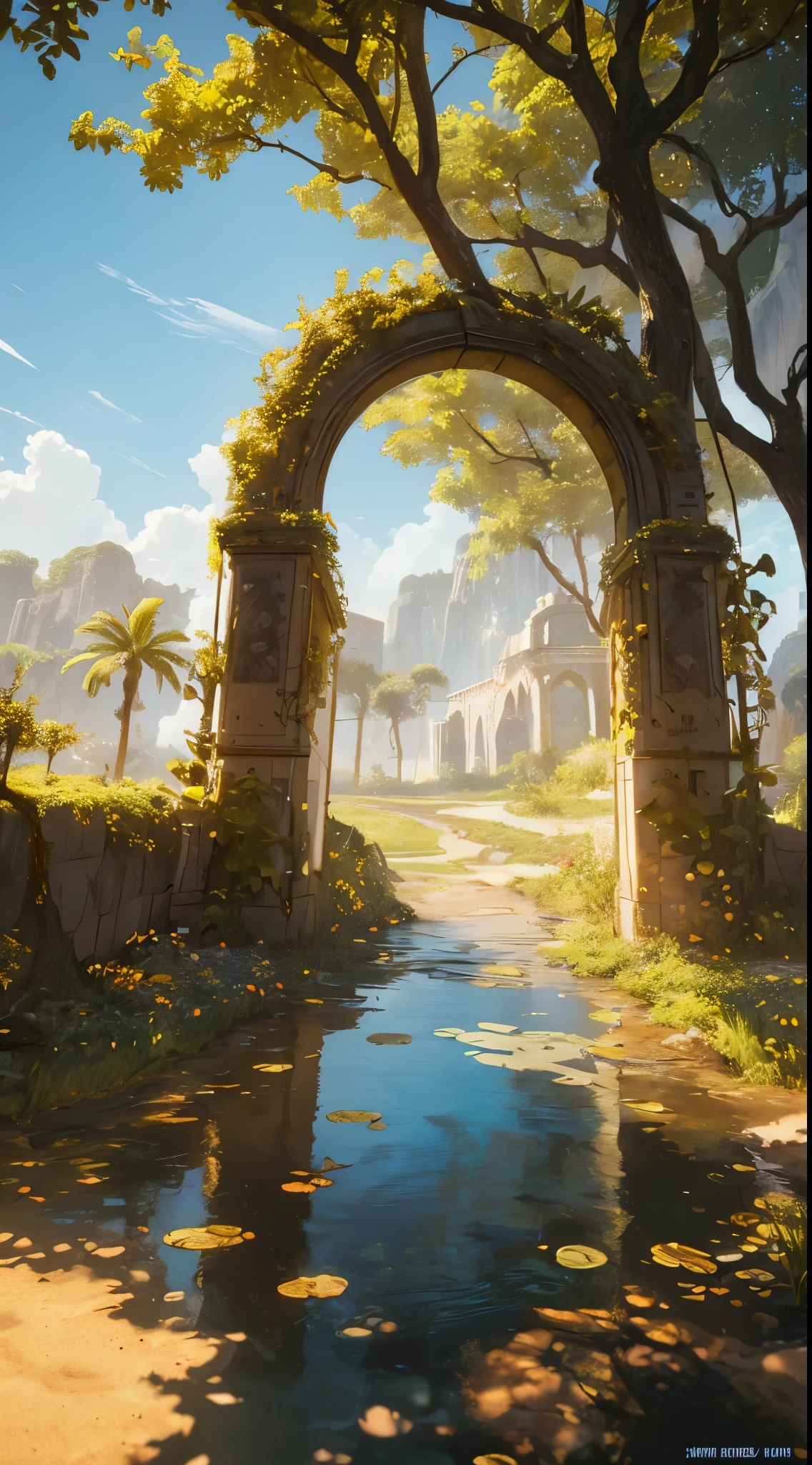 (portal:1.1,gold coins,paradisiacal landscape,branches,roo quality,4k,highres),ultra-detailed,(realistic:1.37),(fantasy:1.1) (golden,shimmering,sparkling) light