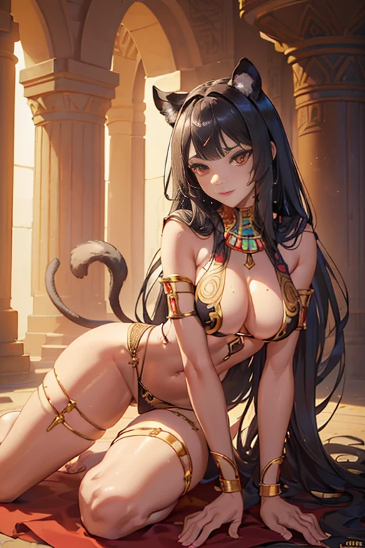 queen panther girl from ancient Egypt, (((panther woman,anthro furry cute,panther female warrior,panther-girl))),(((tail,panther tail,panther ears,thin panther tail,panther ears on head,big panther ears))),(large breasts:1.4,saggy breasts),((black hair:1.4,straight hair,long hair:1.4,colored inner hair)),(((red_eyes:1.3))),intricate eyes,beautiful detailed eyes,symmetrical eyes,((((lustrous skin:1.5,tanned skin,bright skin: 1.5,skin tanned,shiny skin,very shiny skin,shiny body)))),(spider lower abdomen,narrow waist,wide hip,athletic body,inflated legs),(((detailed face))),beautiful detailed lips, slutty,sensual,seductive look,seductive,((erotic)),opulent,(((nsfw))), (((huge cleavage))),revealing clothes,show skin,((underboob)),(barefoot,),Egyptian adornments,(((red veil))),desert warrior with little clothing,((tiny loincloth)),Egyptian tattoo,arms covered in Egyptian adornments,shoulder pad,(((nemes with that of the sphinx))),include hieroglyphics in clothing,((clothing in red and black and white colors)),((Egyptian designs on the arms)),(((Transparent cloth:1.1,wet clothes,intricate outfit,embroidered outfit,ornate outfit,intricate clothes,embroidered clothes,ornate clothes))), dynamic pose,looking at viewer,(smirk,beautiful smile),centered,scale to fit dimensions,Rule of thirds, inside a cavern,pillars,((pillars background,egyptian palace background)),scenery,extremely scenery,(torches,torches in the background),Egypt castle,(sunset, golden hour), (Glossy Egyptian ornaments),(top-quality,8K,32K,​masterpiece),high resolution,(Photorealistic:1.4),Ray tracing,Sun glare,depth of fields,By backlight effect,Add depth to your screen,(((vibrant colors,vibrant theme))),(intricate),(high contrast,photorealistic artwork:1.37),(best quality,4k,highres,masterpiece:1.2),ultra-detailed,(realistic,photorealistic,photo-realistic:1.37),professional,