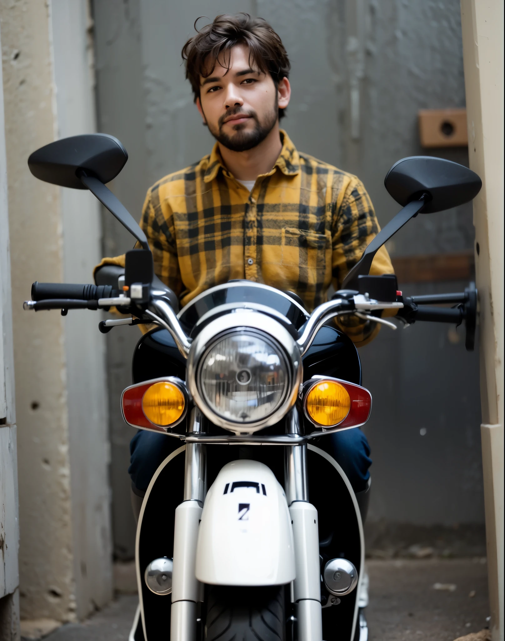 Boy sitting on sports motorcycle