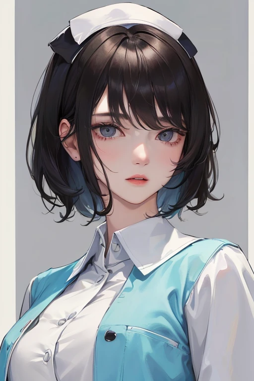 (Top resolution、Distinct_image)top-quality、femele、masterpiece、ighly detailed、Semi-realistic、Black short hair、Dark hair、grey eyes、bangss、25-years old、Mature、年轻、絶妙なFacial features、Facial features,nurse,white
