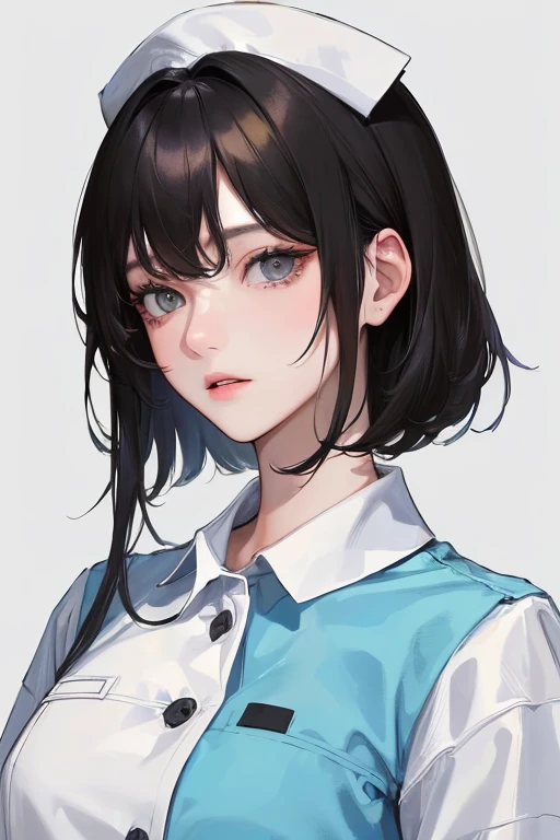 (Top resolution、Distinct_image)top-quality、femele、masterpiece、ighly detailed、Semi-realistic、Black short hair、Dark hair、grey eyes、bangss、25-years old、Mature、年轻、絶妙なFacial features、Facial features,nurse,white