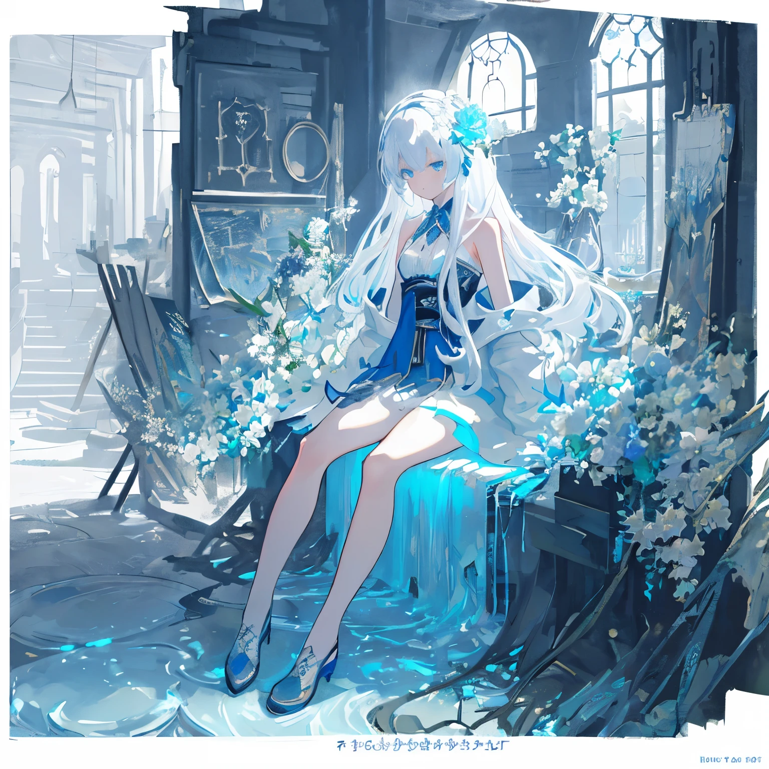 [(white background:1.4)::5], [(transparent background:1.3)::5],
\\
masterpiece,best quality,extremely detailed CG unity 8k wallpaper,white hair,long_hair,hair glass flower,Cyan eyes,small breasts,ink and wash painting,blue theme,trench_coat,glass land,1girl,flat shading,upper body,bare shoulders,hidden hands,beautiful eyes,full body,sitting,